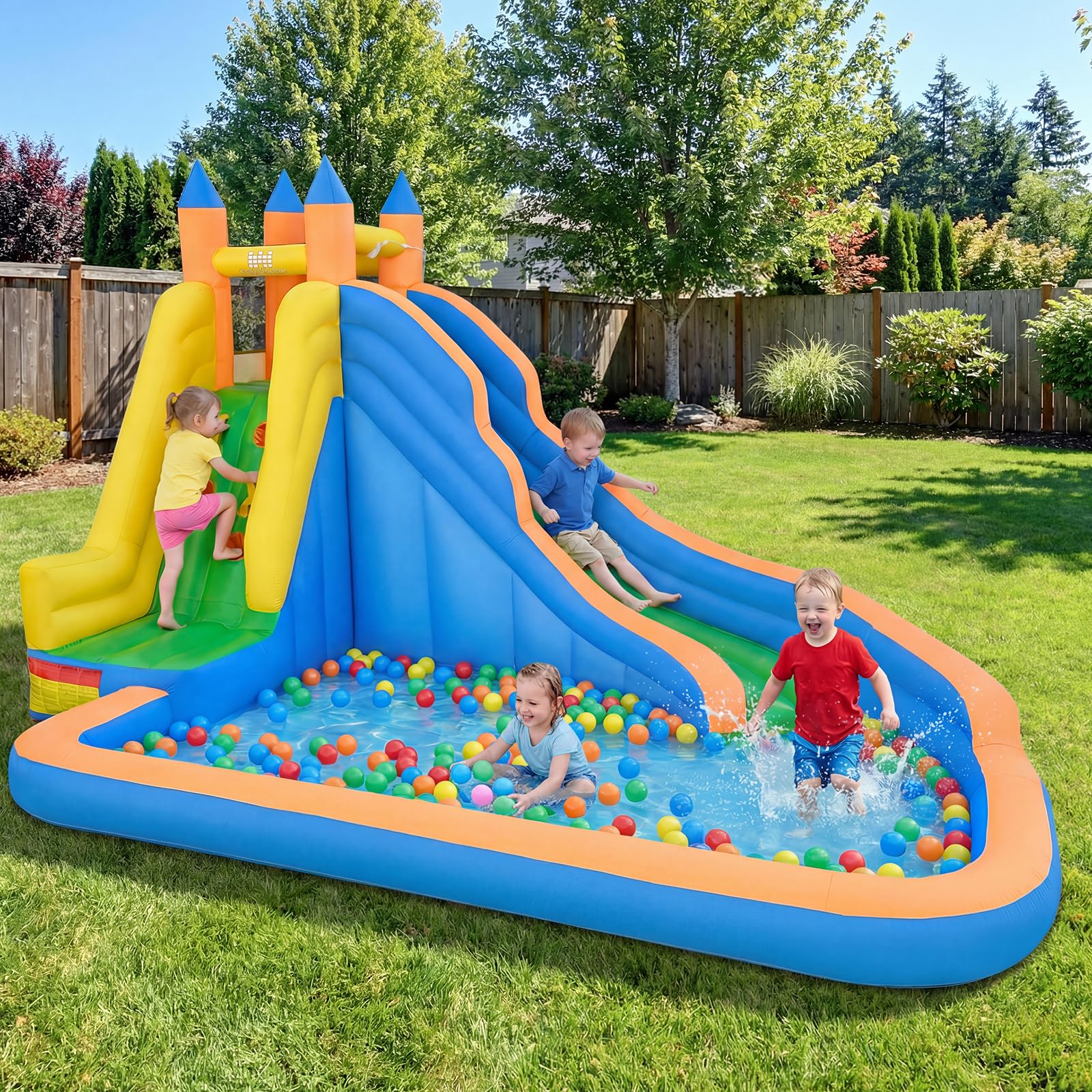COSTWAY Hüpfburg mit Rutsche, Kletterwand & Planschbecken, Wasserhüpfburg für Kinder ab 3 Jahren, Wasserpark für Außenbereich, 400 x 309 x 245 cm