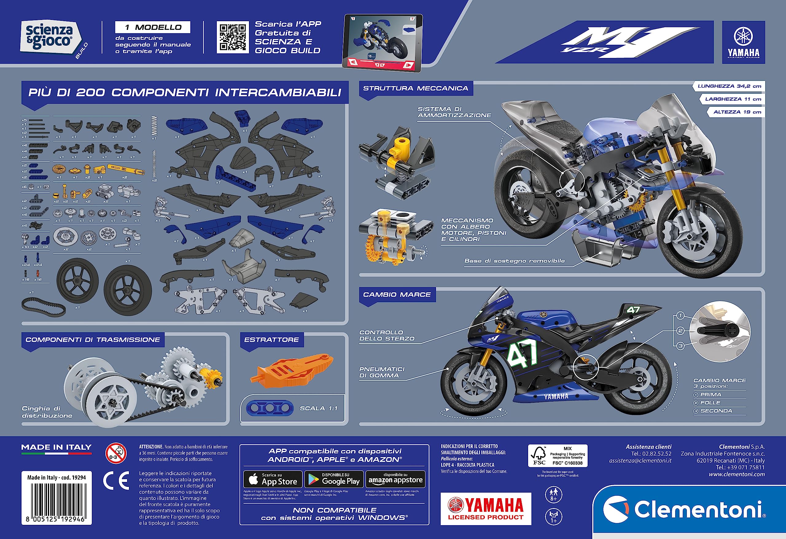 Clementoni - Ciencia y Juego Build - Yamaha M1, Modelo de Moto en Miniatura, Laboratorio Mecánico, Moto de Construir para Niños a Partir de 8 Años (en Italiano)