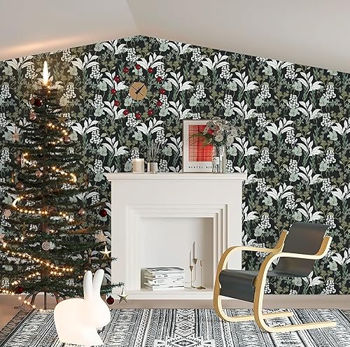 Miniatura 4 de Yasinet Papel tapiz autoadhesivo para despegar y pegar, papel tapiz floral verde, papel de contacto floral vintage, extraíble, autoadhesivo,