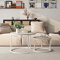 Vista 7 de HOJINLINERO Juego de Mesa de Centro Redonda de 2 Mesas Auxiliares para Sala de Estar, Mesa de Centro Blanca Moderna Mesas Anidadas, Mesas de Sala