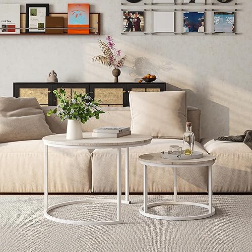 Miniatura 55 de HOJINLINERO Juego de 2 mesas de centro redondas para sala de estar, mesa de centro pequeña negra, mesa de estar, mesas anidables con marco de metal,