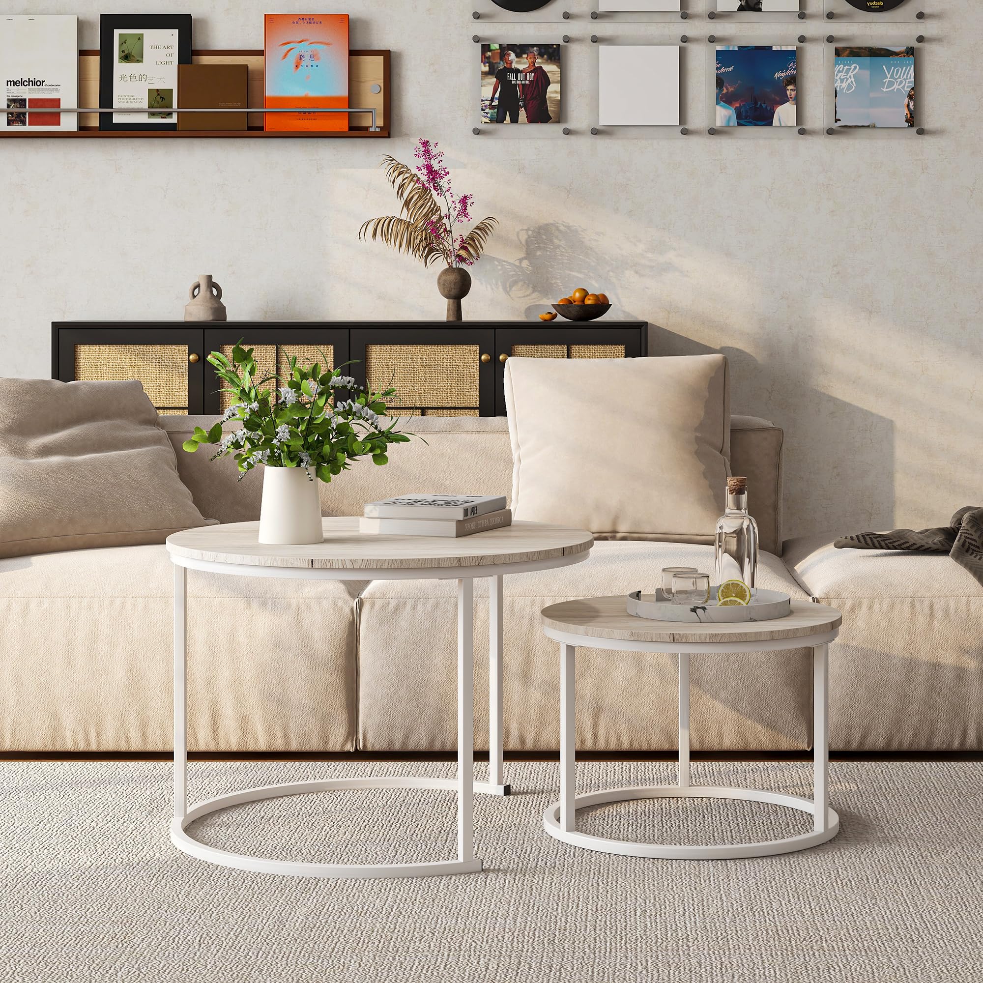 HOJINLINERO Juego de 2 mesas auxiliares redondas para sala de estar, mesa de roble resistente y fácil de montar, moderna apilable para dormitorio