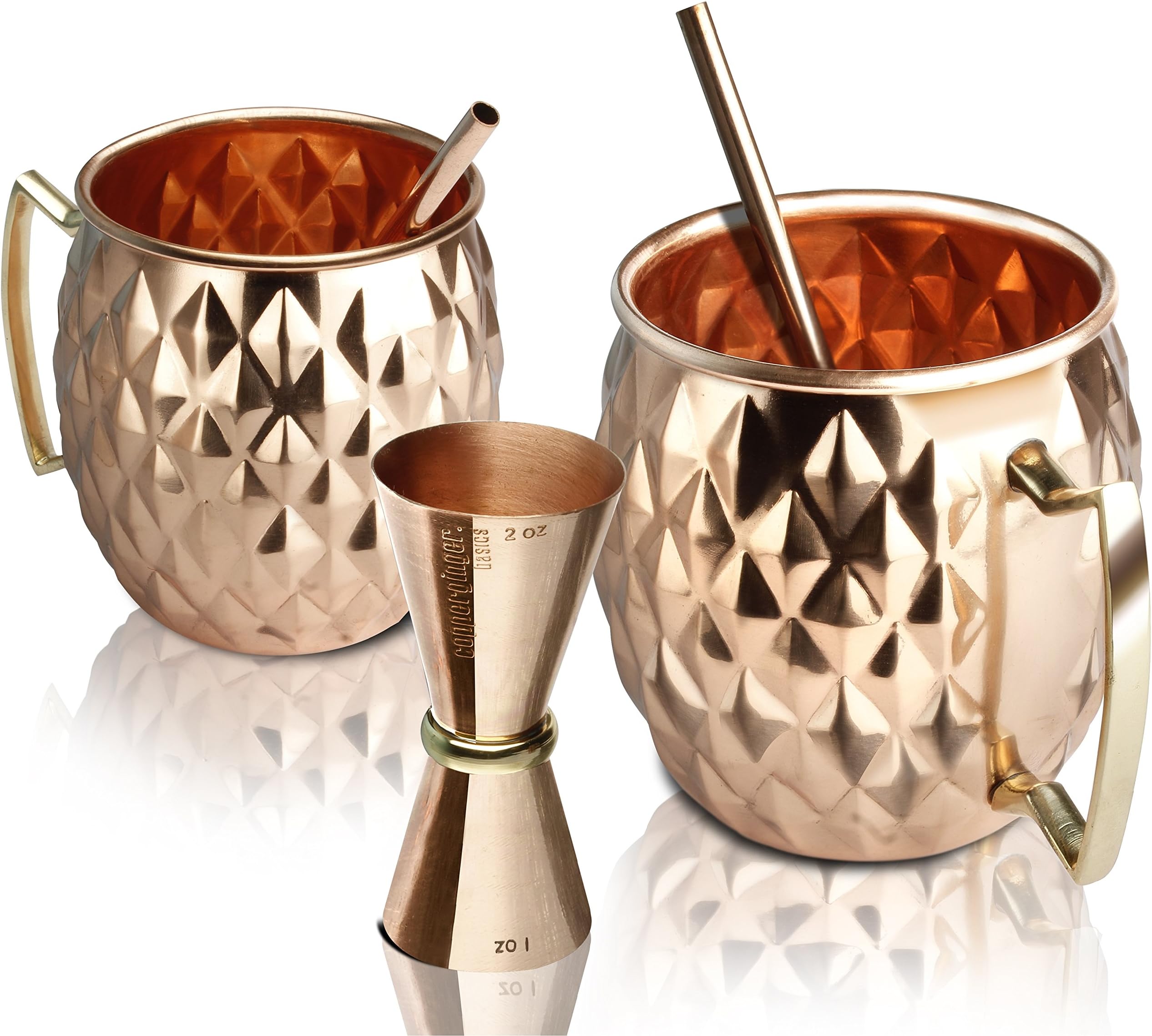 Premium Moscow Mule Copper Mugs Set of 2 (16 oz) - Superior Quality - Authentic - Handmade - Hammered - Handcrafted - 100% Pure Solid Copper Mugs Gift Set - Bonus: 1 Copper Jigger + 2 Copper Straws