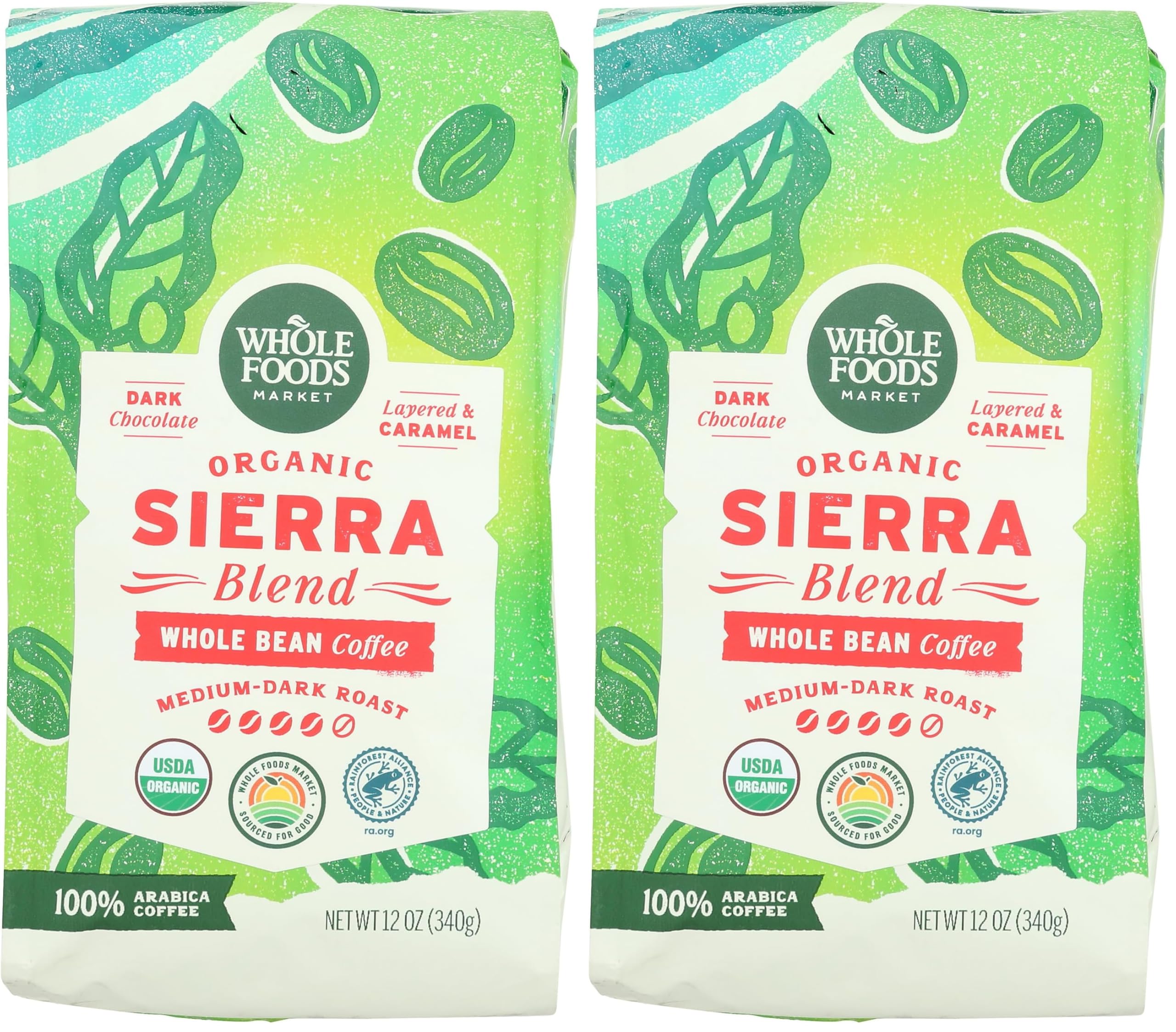 WHOLE FOODS MARKET Organic Whole Bean Sierra Blend Coffee, 12 OZ (Pack of 2)