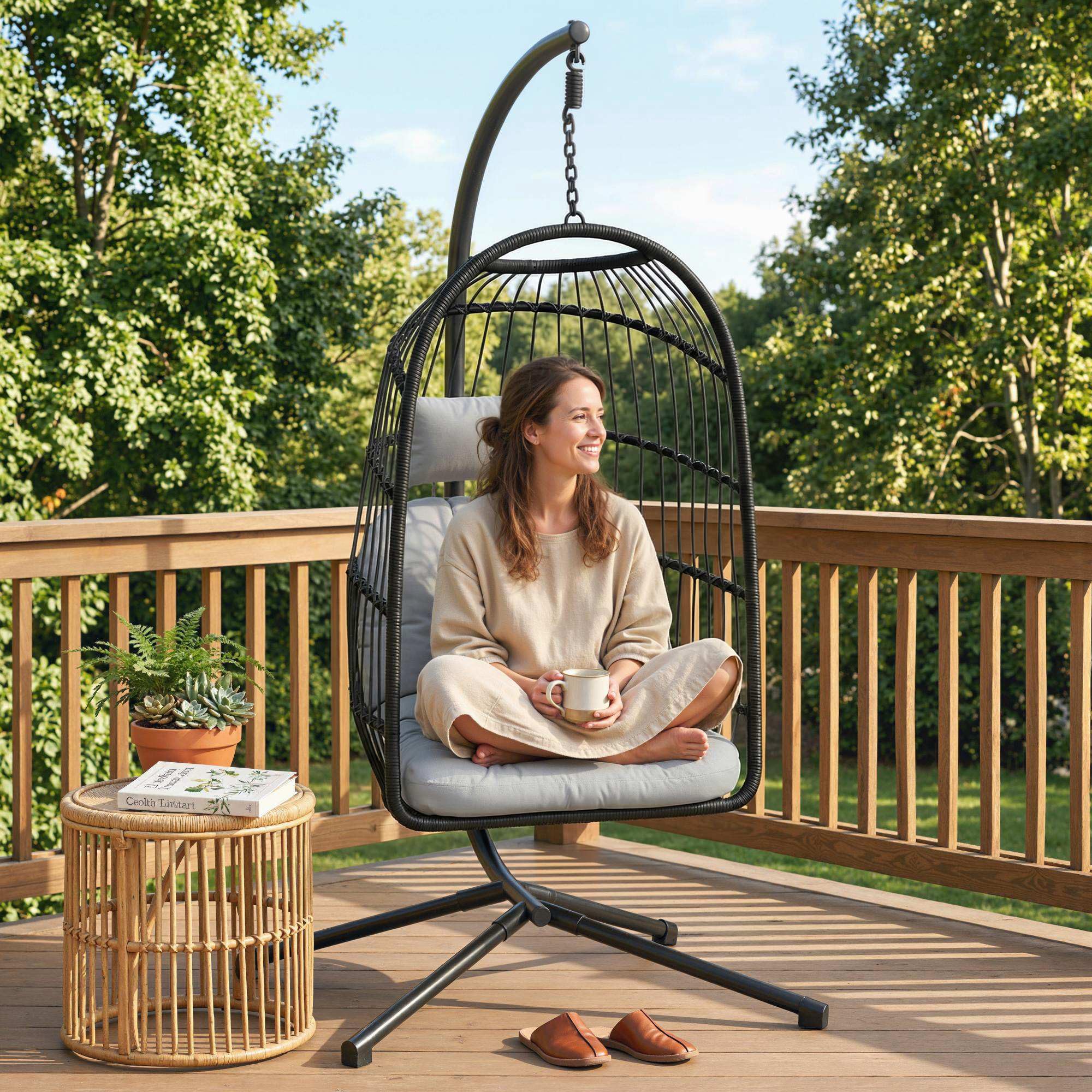 Outsunny Fauteuil Œuf Suspendu Pliable avec Support - Balançoire de Jardin avec Coussin 15cm et Appui-tête - Chaise Suspendue Intérieure et Extérieure, Nacelle Pliable Gain de Place, Noir et Gris