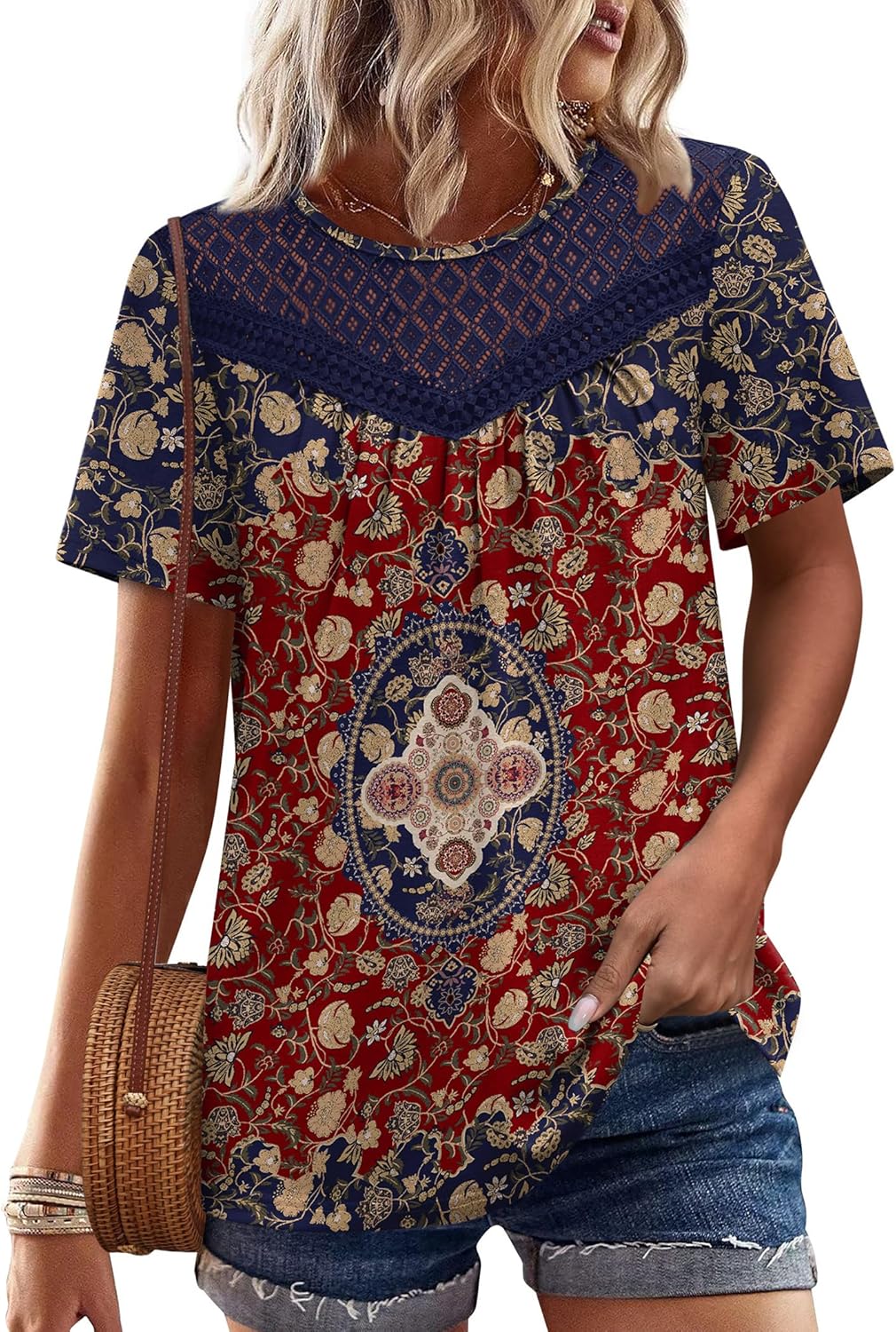 WIHOLL Womens Tops Short Sleeve Lace Shirts Summer Spring Tops Boho Trendy Beach Vacation Clothes Loose Fit - Image 2