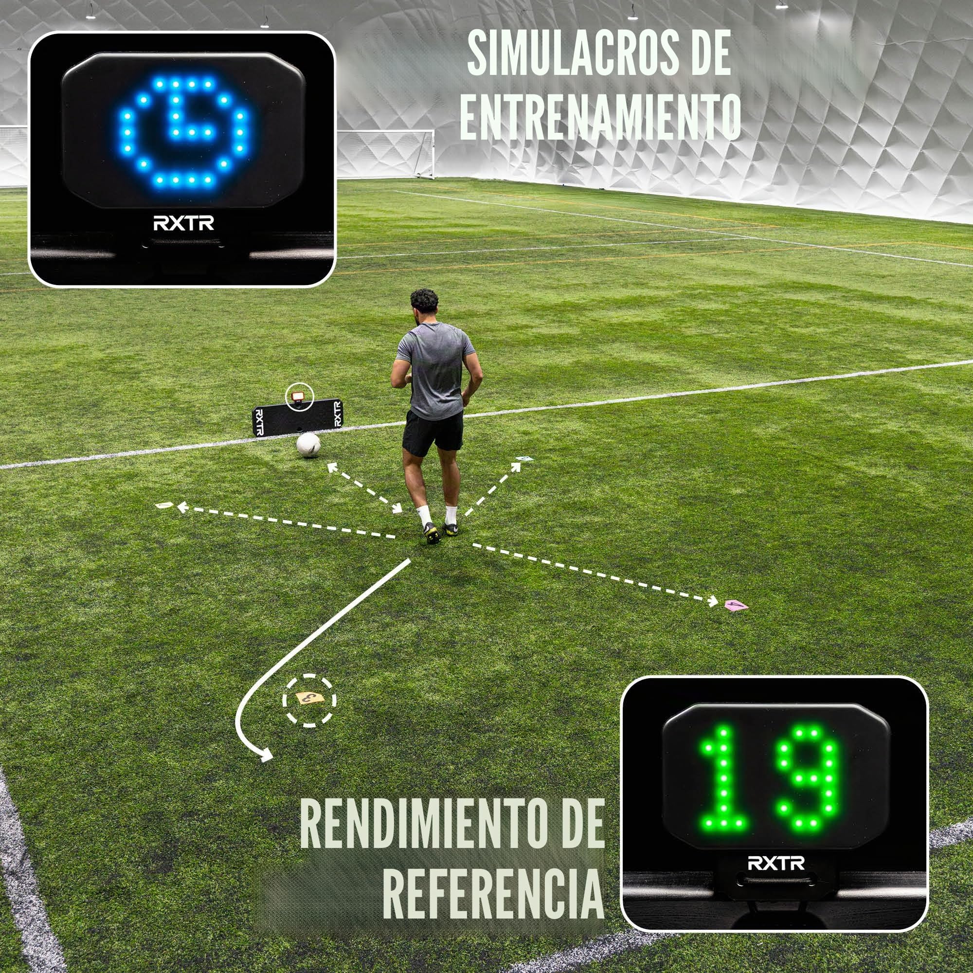 RXTR PRO Coach - Sistema de entrenamiento de fútbol, luz de reacción inteligente y tabla de rebote de fútbol con puntuación en tiempo real, 17 ejercicios preprogramados, entrenamiento sin aplicaciones