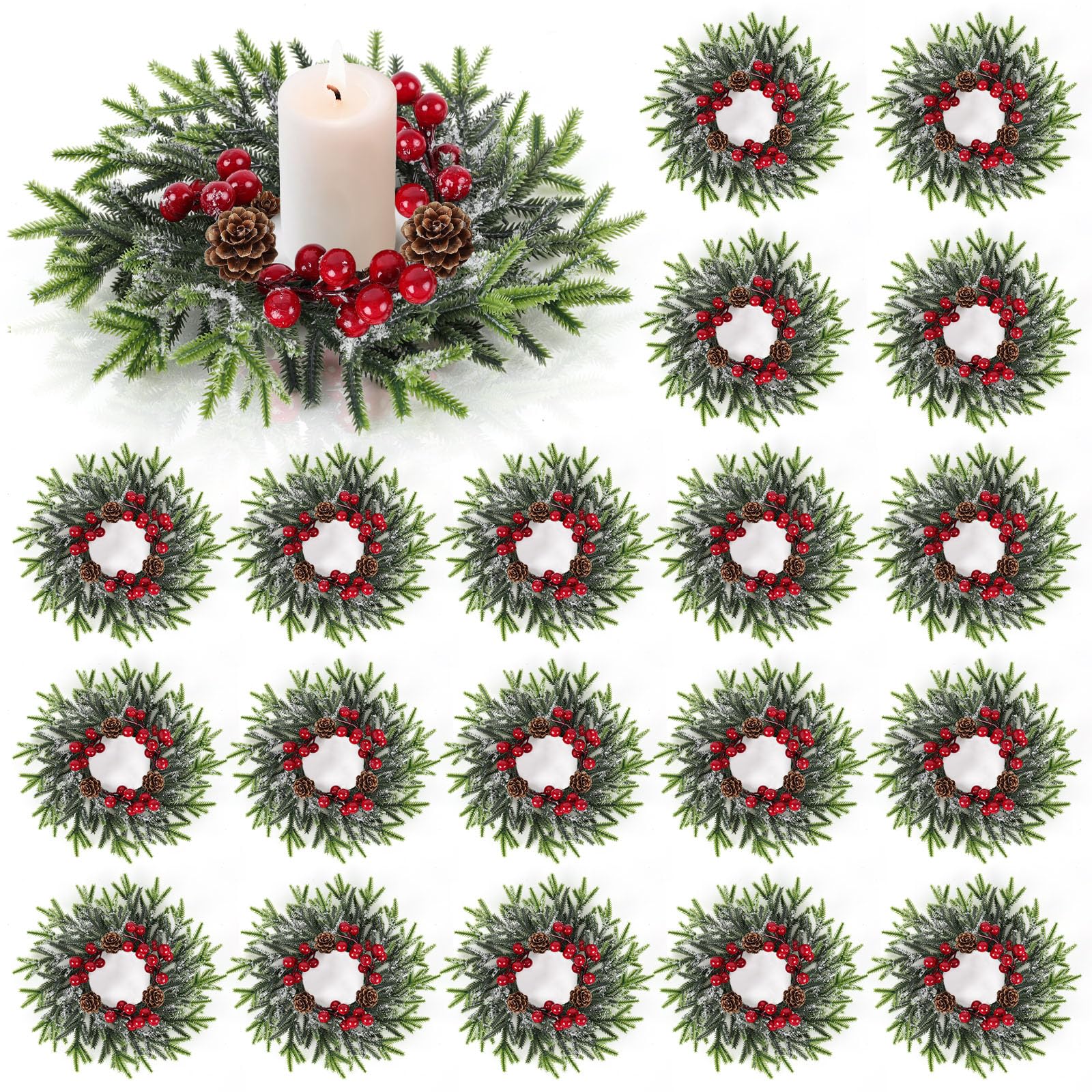 18 Pcs Christmas Candle Rings Wreath Mini Christmas Table Centerpieces Red Berry Pinecones Wreaths for for Front Door Kitchen Cabinet Holiday Party Farmhouse Porch Wall Outdoor Indoor Home Decoration