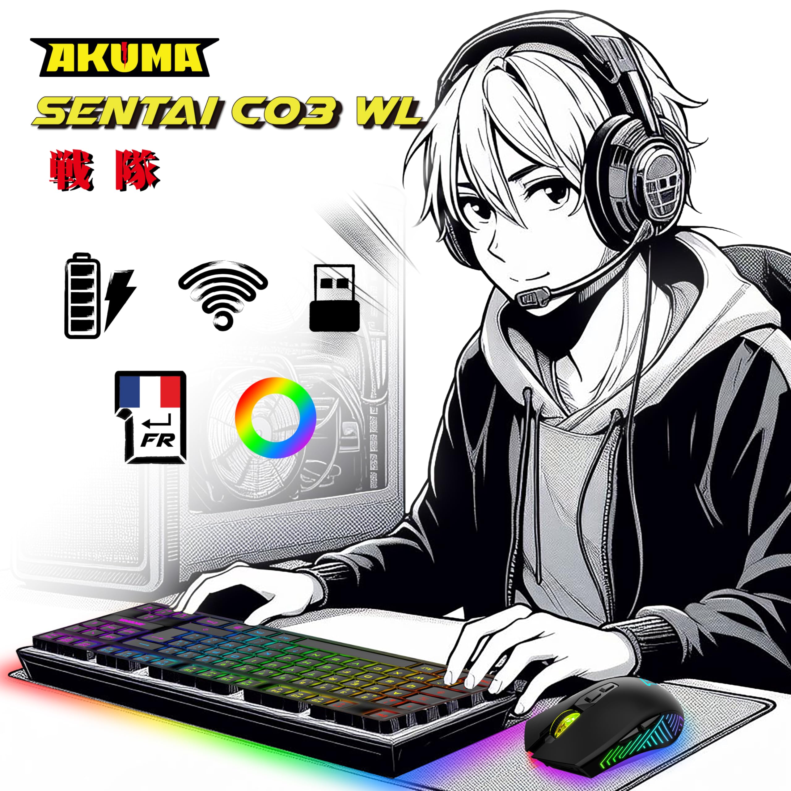 Akuma – Pack Gaming Sentai C03 WL Clavier TKL + Souris sans Fil Rechargeable Rétroéclairé, AZERTY Français, 3200 DPI – Pack pour PC PS4 PS5 – Noir – Plug & Play