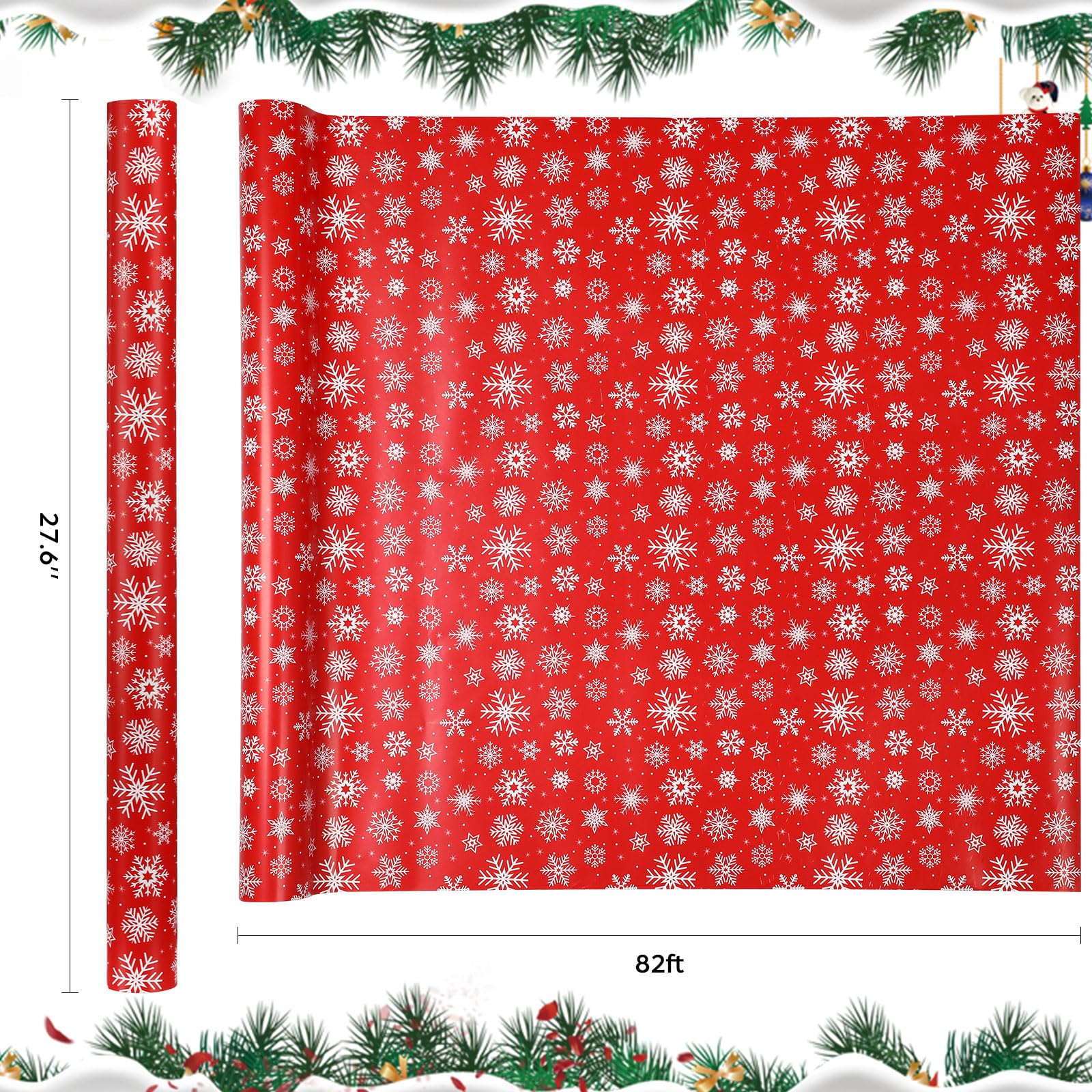 AmazingSpark Umkehrbares Weihnachts-Geschenkpapier, Jumbo-Rolle, weiße Schneeflocke, Rot, Geschenk-Set für Weihnachtszeit, Partygeschenk (68 cm x 25 m, Schneeflocken)