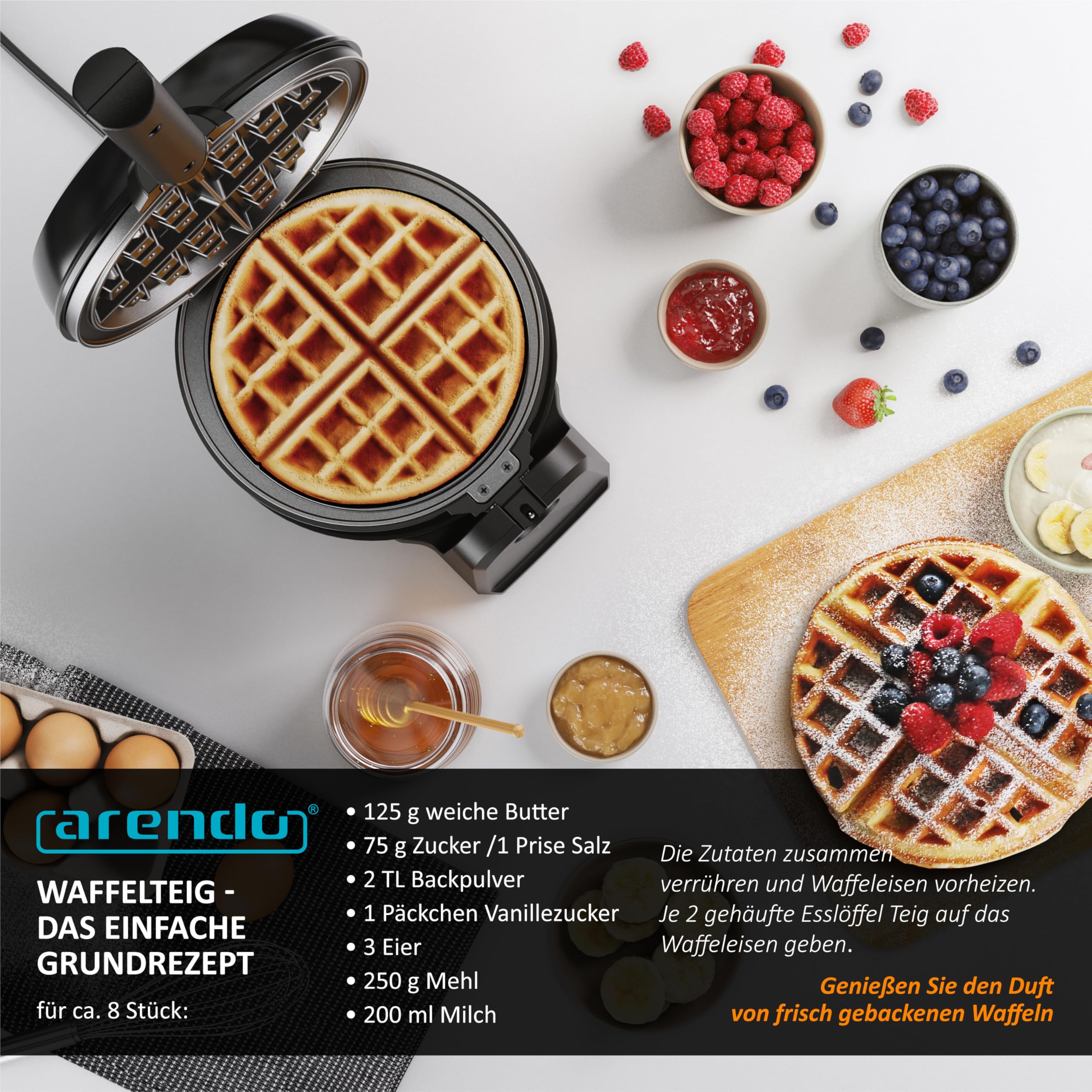 Arendo - Waffeleisen belgische Waffel - 1000 Watt – Waffelautomat – Antihaftbeschichtung – Thermostat – Überhitzungsschutz - BPA frei