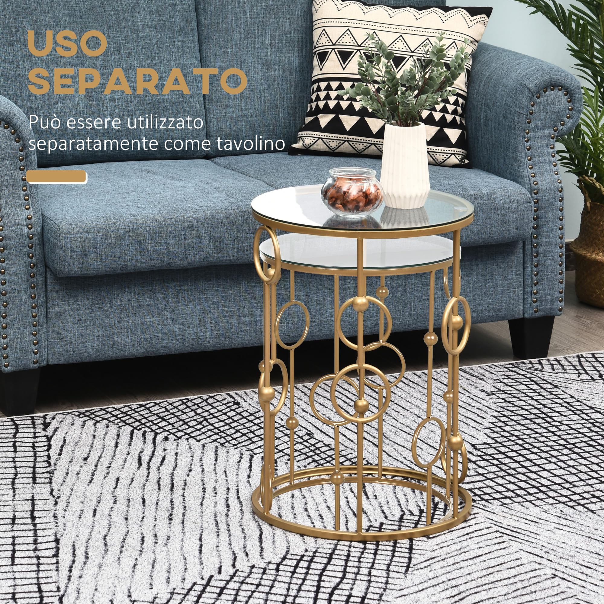 HOMCOM Set 2 Pezzi Tavolini da Caffè Design Elegante con Motivi a Cerchio, Metallo e Vetro Temperato Φ41x57cm & Φ36x51cm
