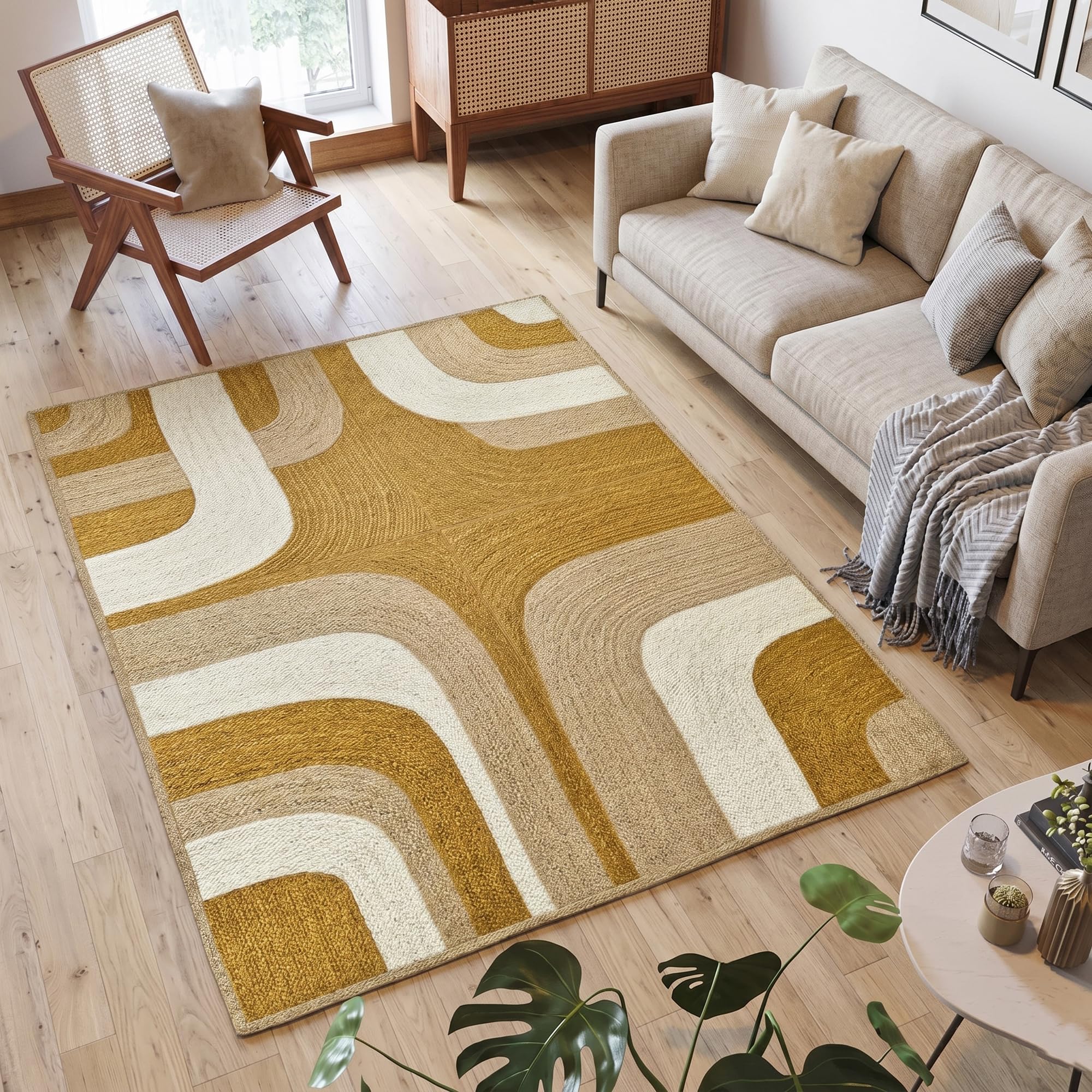 Tapis géométrique en jute jaune de 13x17 cm idéal pour décorer une table de salon