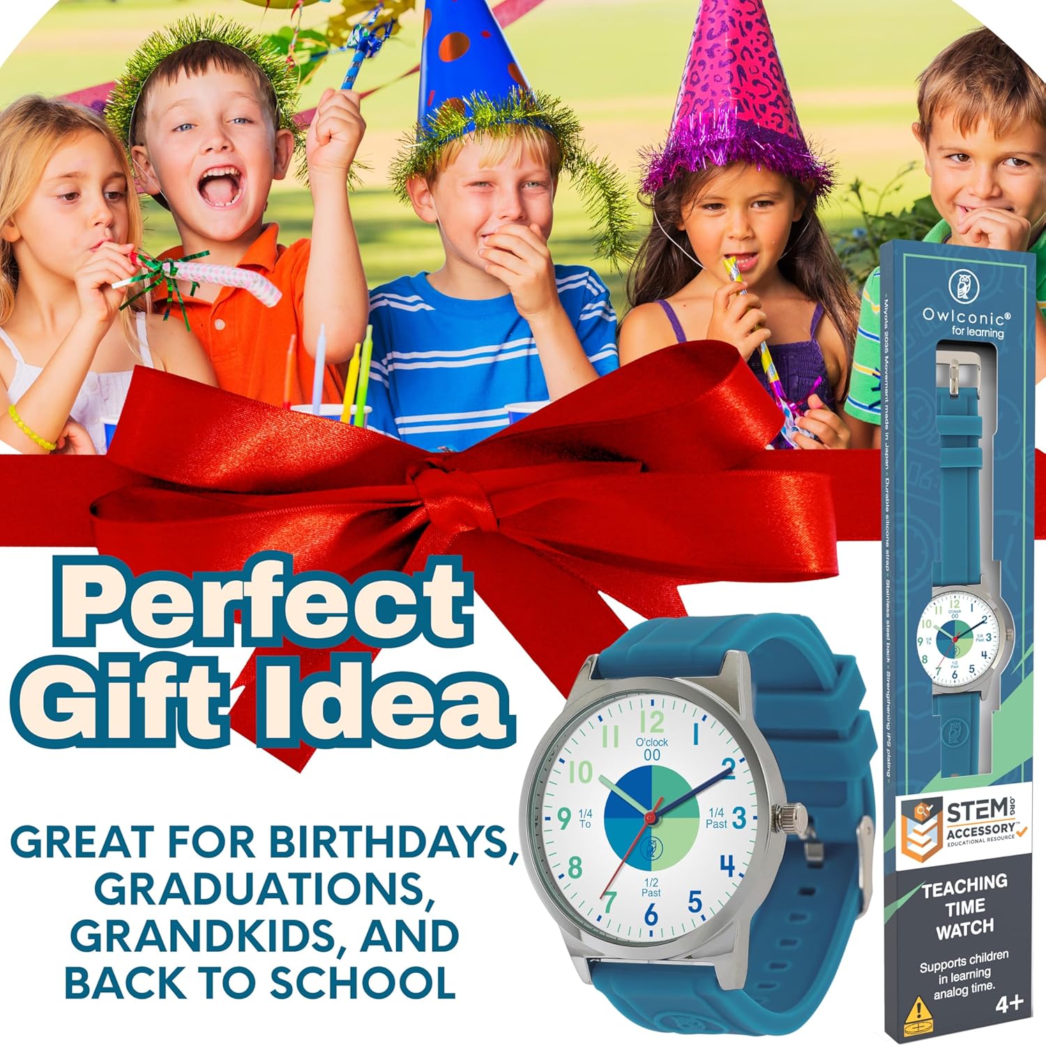 OWLCONIC Telling Time Teaching Clock - Bundled with Kids Watch. Learn to Tell Time Resources. Cool Marine Blue