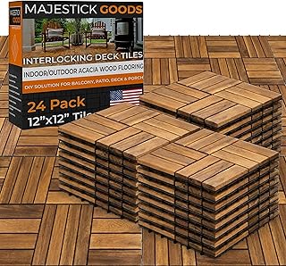Majestick Goods Interlocking Slat Deck Tiles 12"x12" –Stylish Patio Tiles for Outdoor Flooring–Durable Acacia Wood, Easy to Install for Porch, Balcony & Patio Flooring,24 Pack (24pcs) Covers 24 Sq Ft