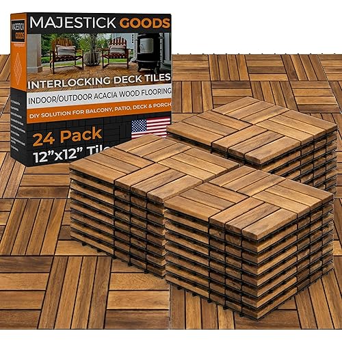 Majestick Goods Interlocking Slat Deck Tiles 12"x12" –Stylish Patio Tiles for Outdoor Flooring–Durable Acacia Wood, Easy to Install for Porch, Balcony & Patio Flooring,24 Pack (24pcs) Covers 24 Sq Ft