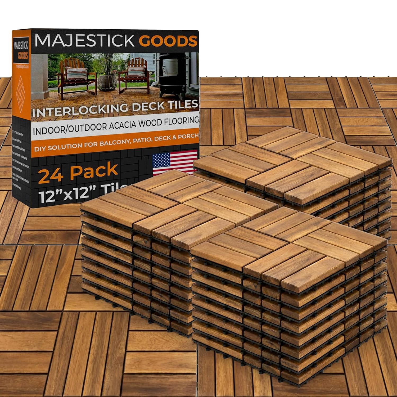 Majestick Goods Interlocking Slat Deck Tiles 12"x12" –Stylish Patio Tiles for Outdoor Flooring–Durable Acacia Wood, Easy to Install for Porch, Balcony & Patio Flooring,24 Pack (24pcs) Covers 24 Sq Ft