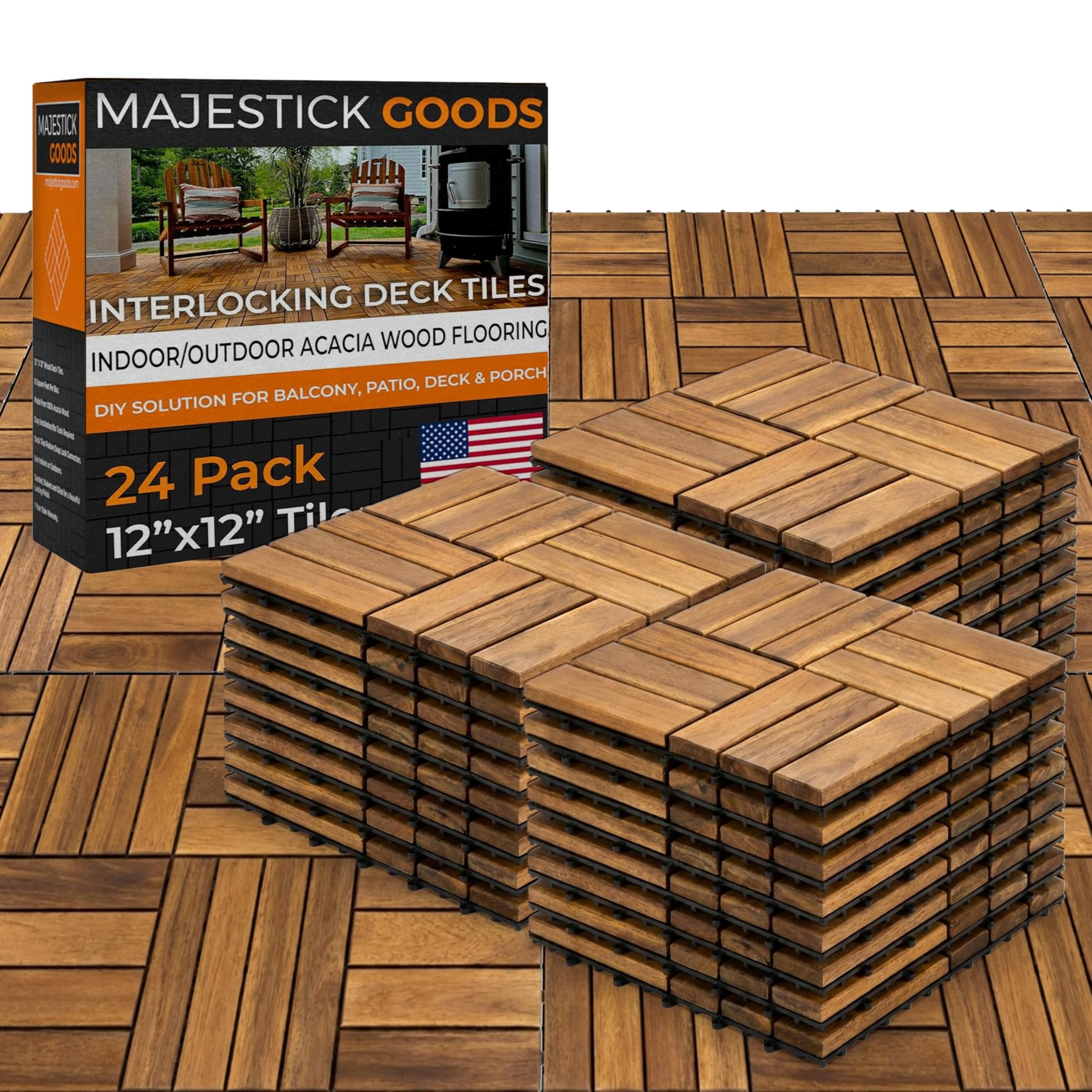 Majestick Goods Interlocking Slat Deck Tiles 12"x12" –Stylish Patio Tiles for Outdoor Flooring–Durable Acacia Wood, Easy to Install for Porch, Balcony