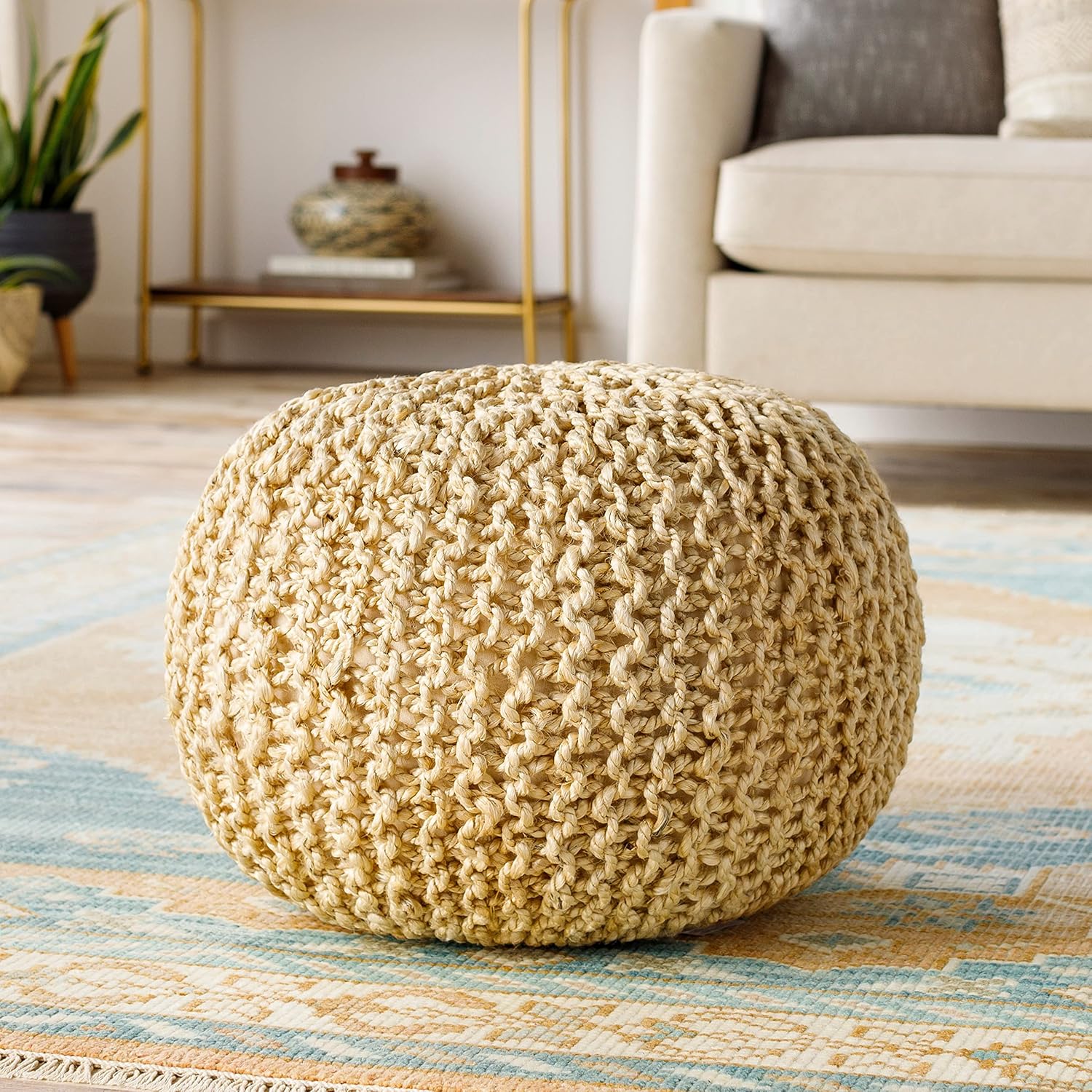 Livabliss Berma Knitted Jute Round Pouf,14"H x 20"W x 20"D, Wheat