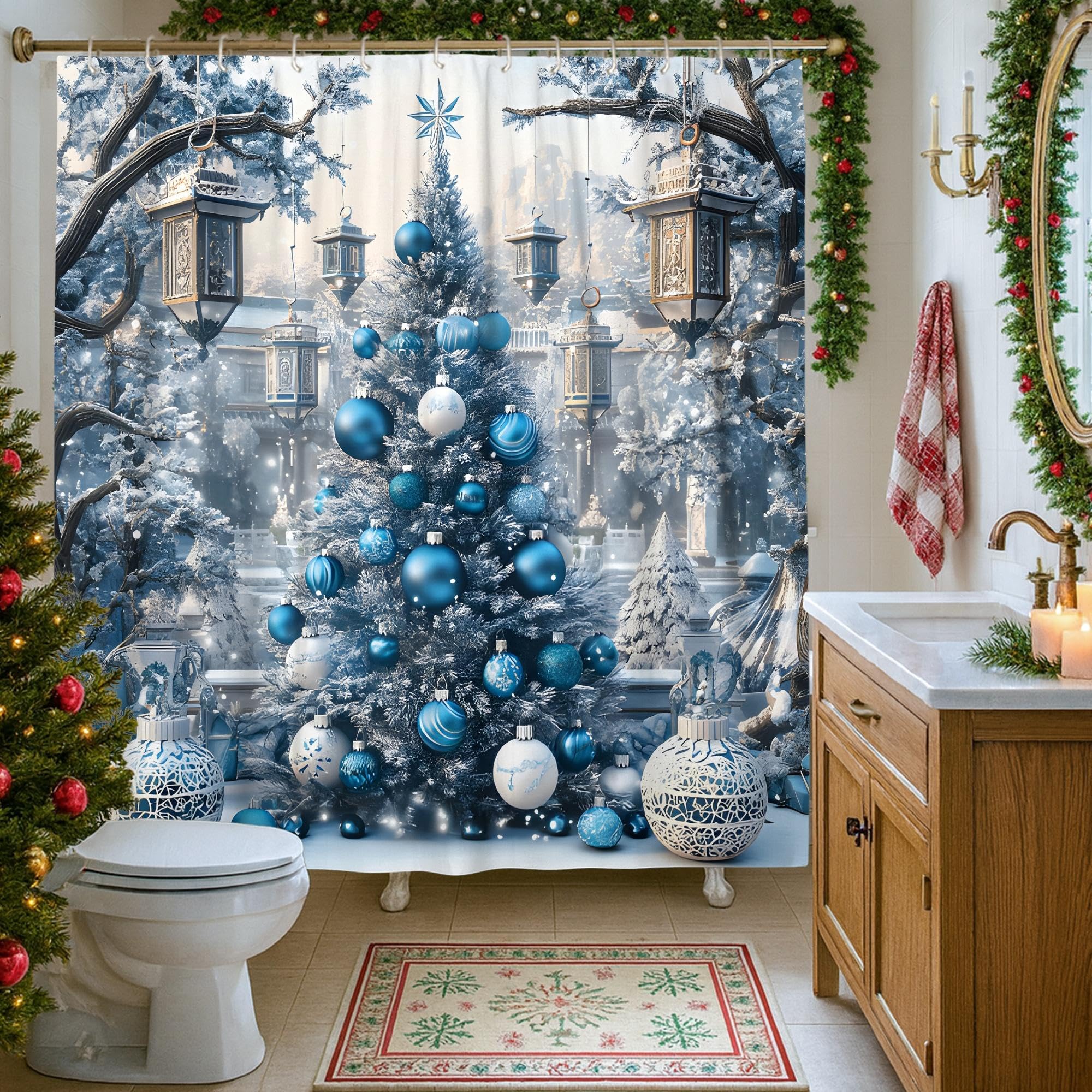 Rideau de douche en tissu imperméable de qualité supérieure motif sapin bleu