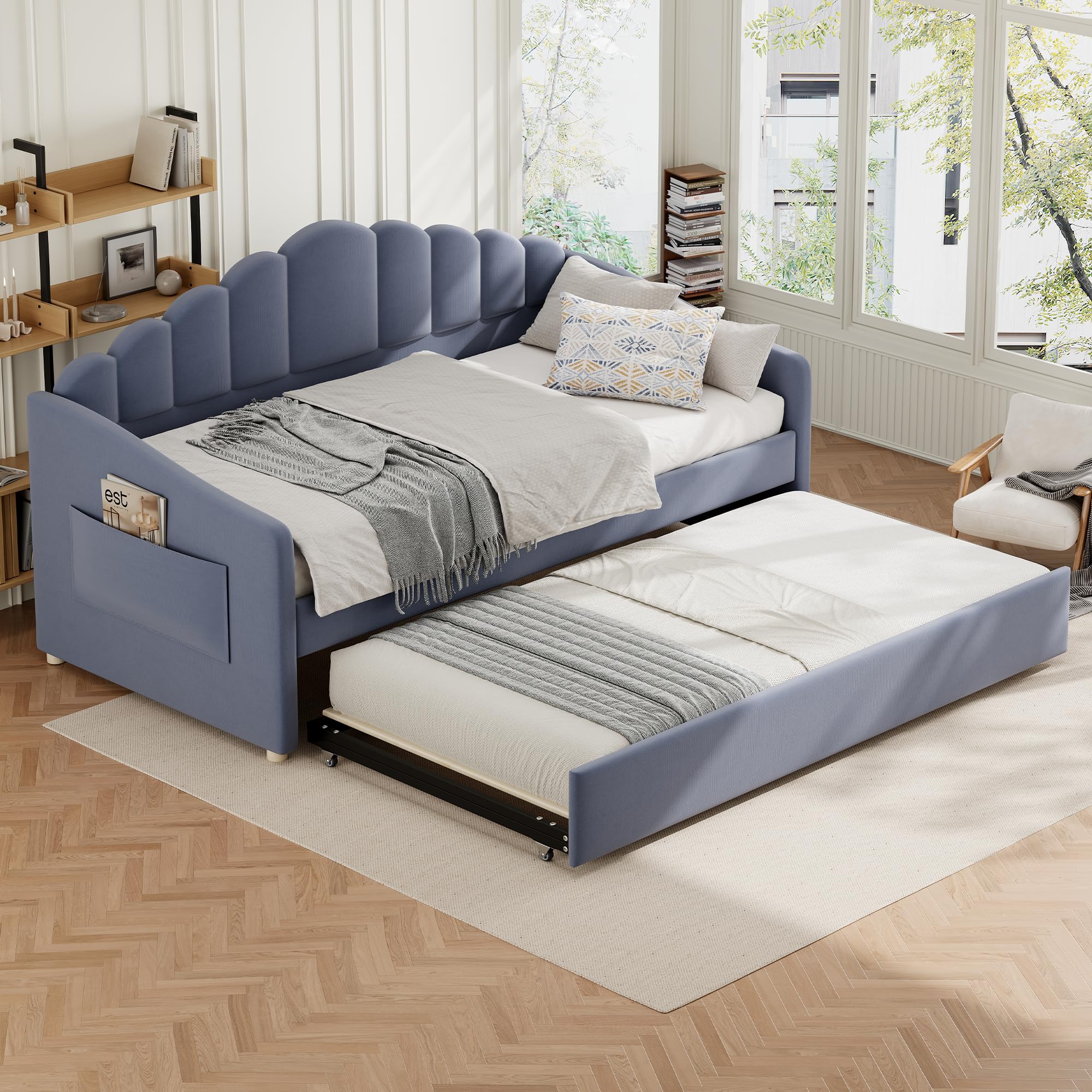 Besbed Single Bed with Pull Out Trundle, Children's Bed with Charging-Station and Beside Storage & Storage Pocket, 3ft Velvet Daybed with Scalloped Headboards, Gray, 90x190 cm (No Mattress)