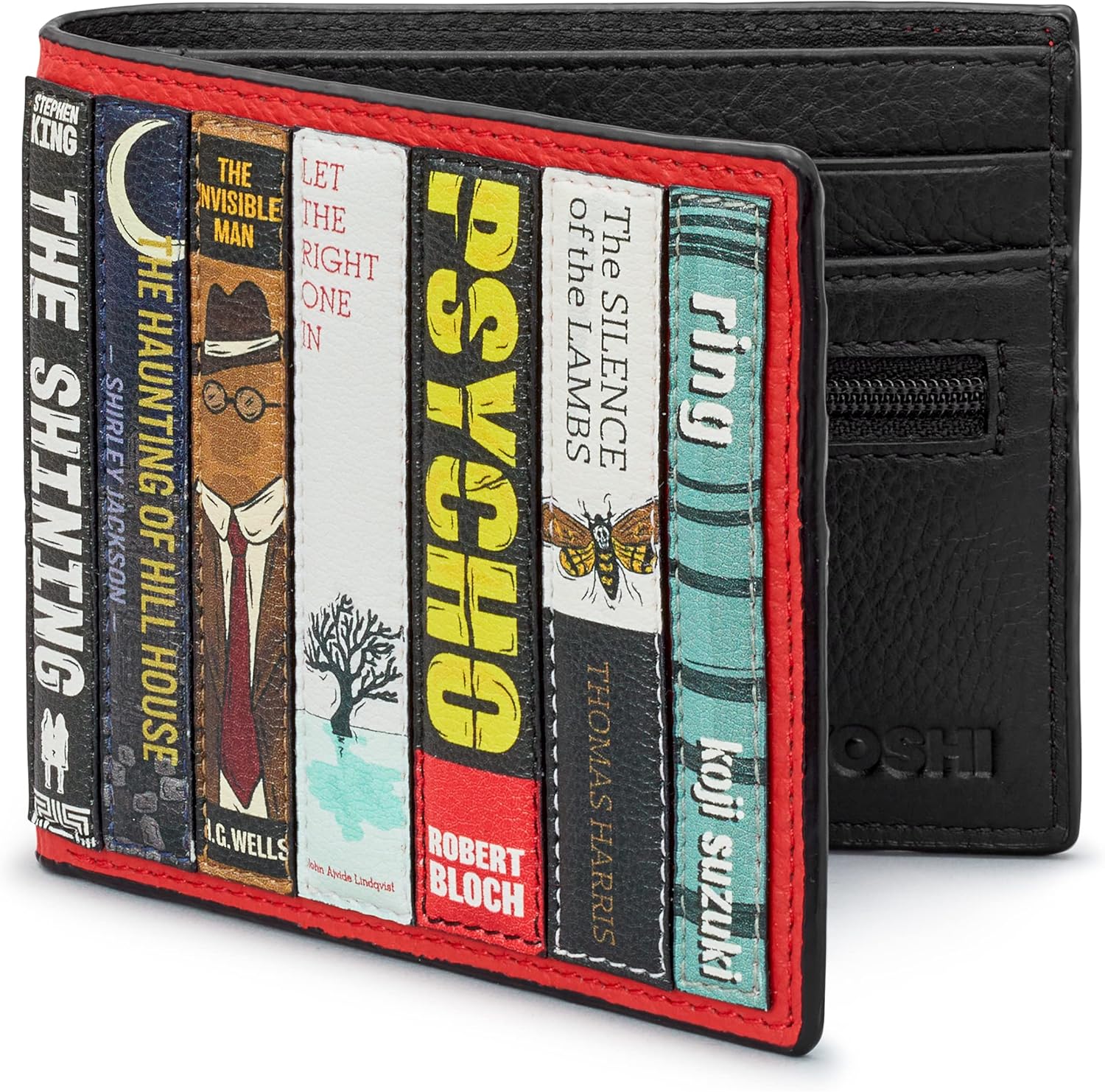 Yoshi Horror Bookworm Men's Leather Wallet, Genuine Red & Black Leather Wallet, RFID Blocking Wallet for Men, Red, One Size, Horror Bookworm