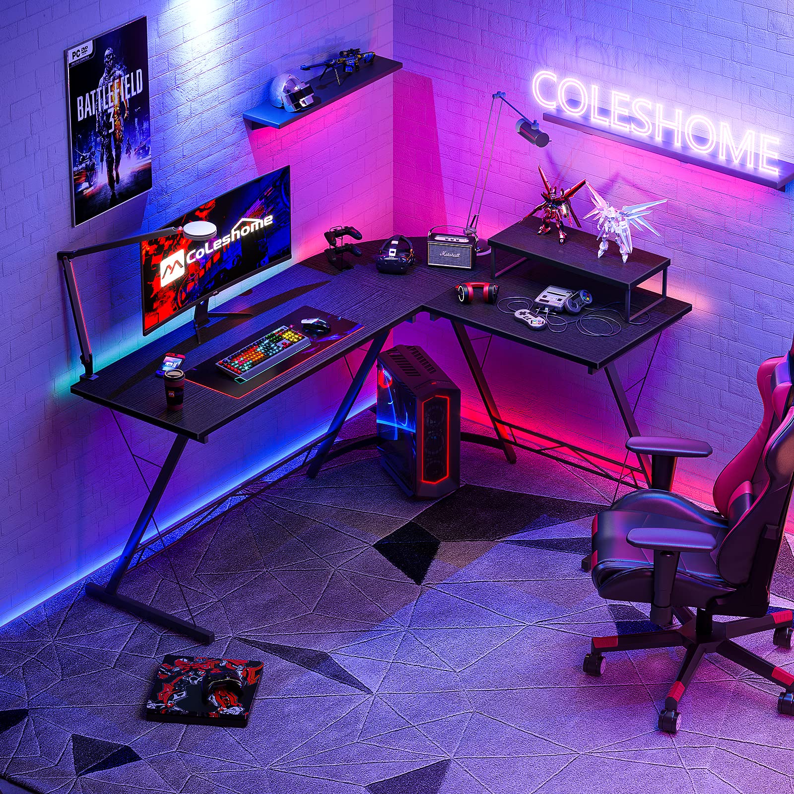 Coleshome 61" Super Large L Shaped Desk Gaming Desk, L Desk Computer