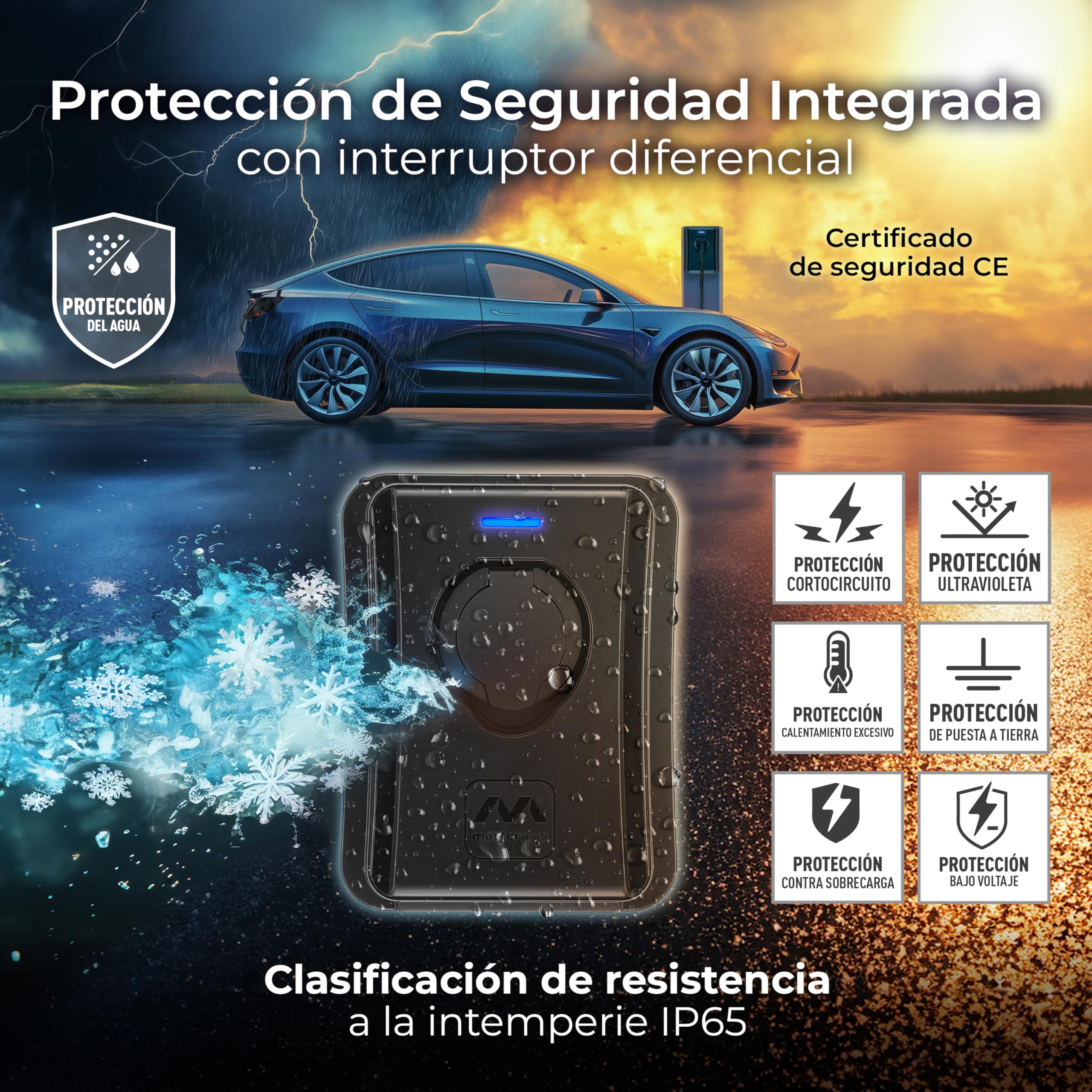Masterplug Stazione di ricarica EV da parete per veicoli elettrici, tipo 2, caricatore senza cavo per auto elettrica con funzione fissa automatica, monofase, modalità 3, RFID, IP65, 7.4kW, 32A