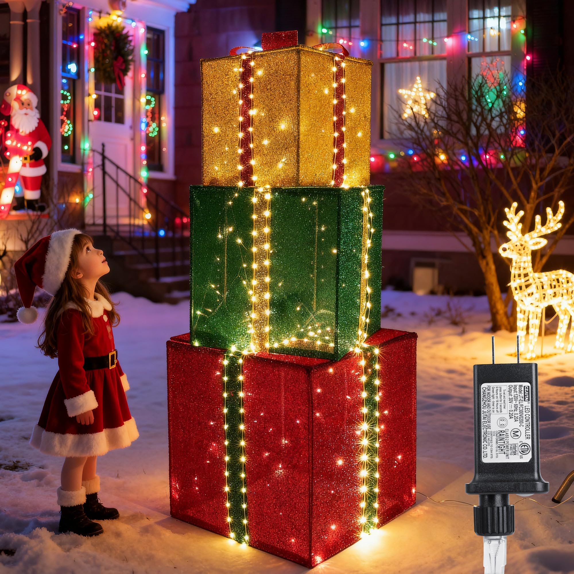 Lomotech Christmas Decoration Outdoor - Set of 3 Larger Lighted Gift Boxes | Prel-Lit Gift Boxes with Timer, Lighted Christmas Presents for Xmas Tree, Yard, Holiday, Indoor Outdoor Christmas Decorations