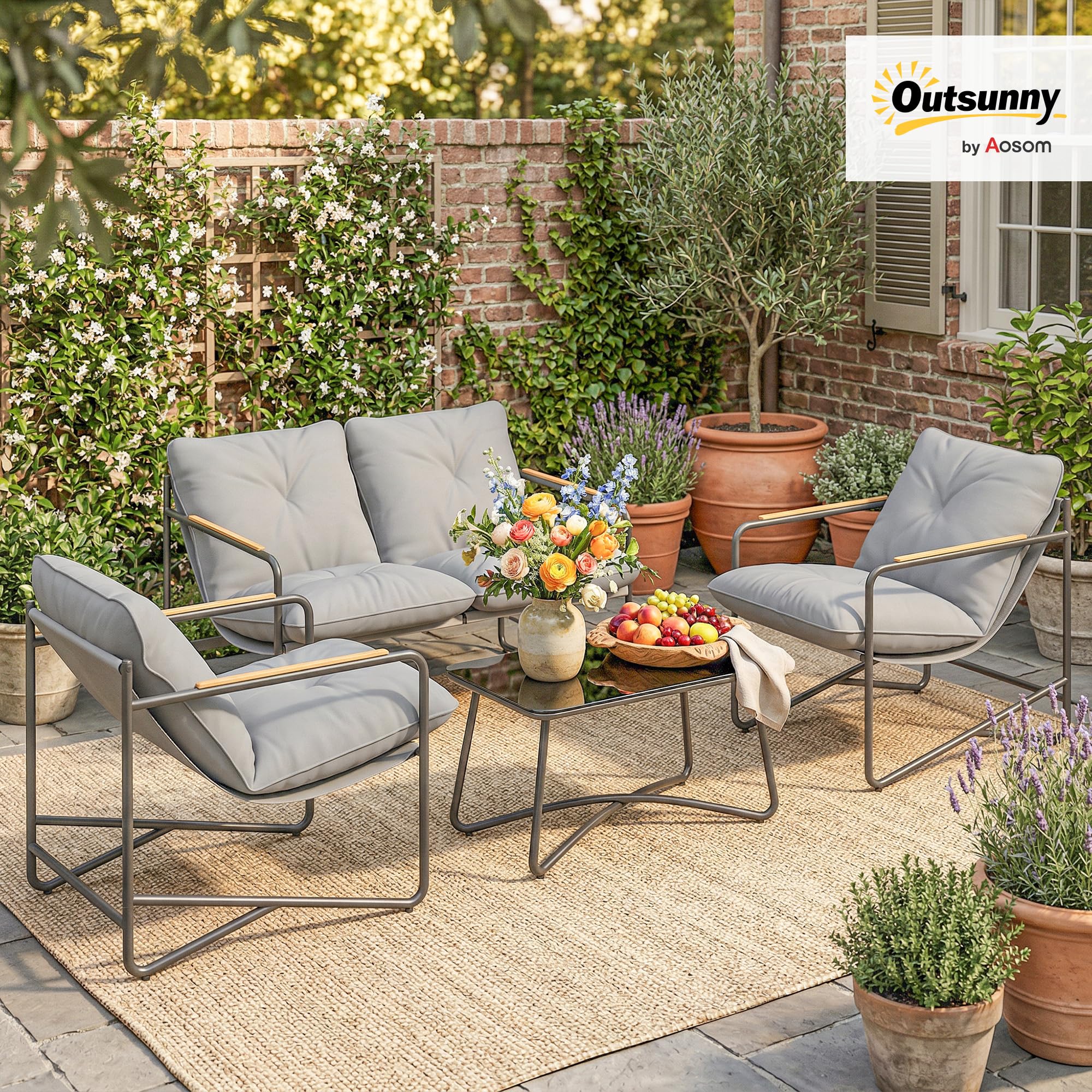 Outsunny Set Salotto da Giardino 4 Pezzi, Mobili da Esterno in Metallo con Divano 2 Posti, Poltrone e Tavolino in Vetro, Grigio Chiaro