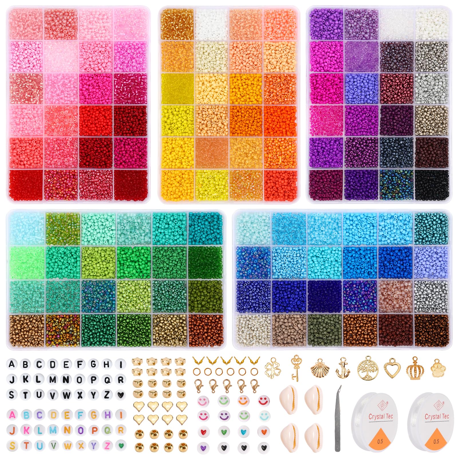 QUEFE Lot de 36 000 perles de rocaille en verre de 120 couleurs pour la fabrication de bijoux, petites perles de 3 mm avec accessoires, breloques et pendentifs pour la fabrication de bracelets,