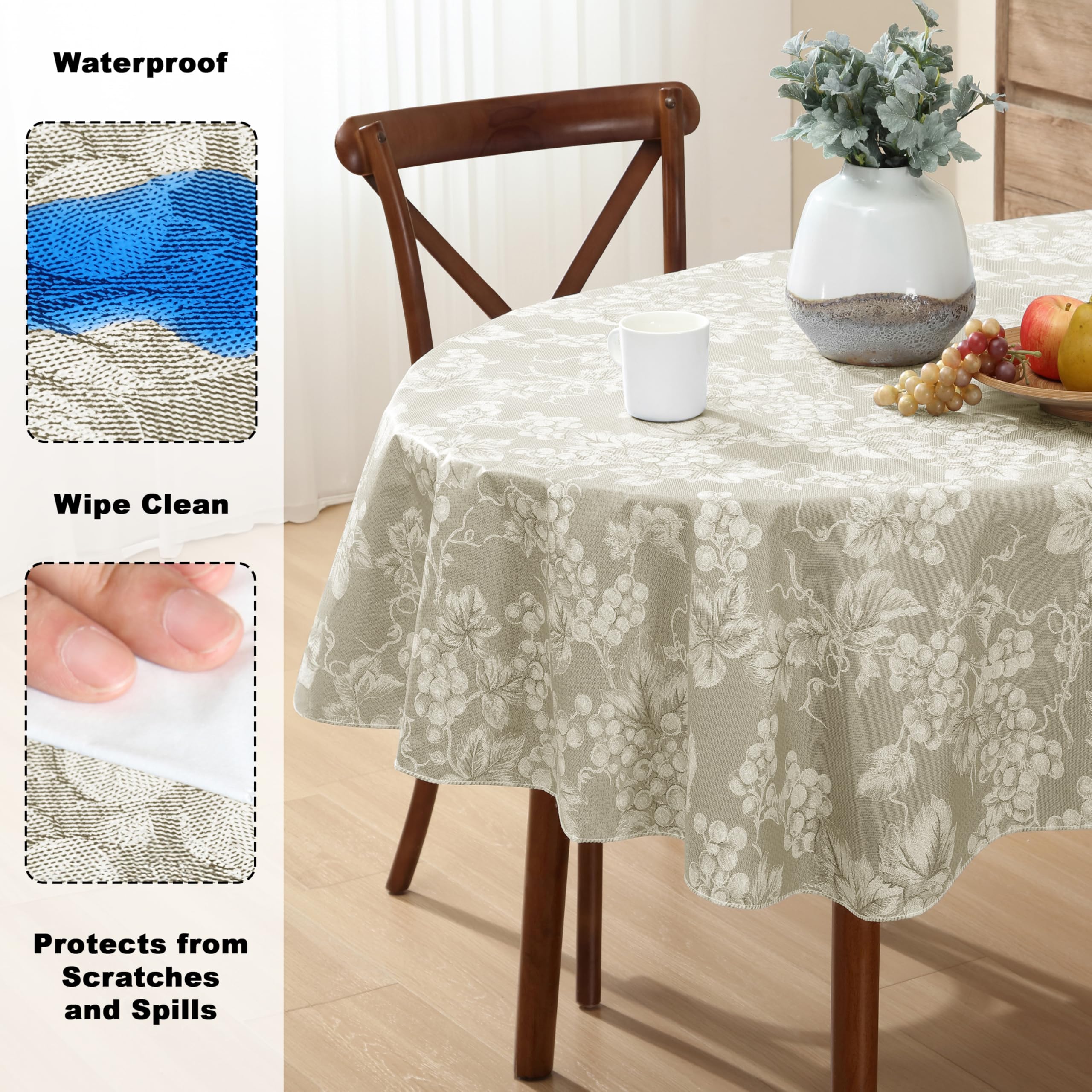 Lintex Grapevines współczesny nadruk winogronowy ciężki 4-metrowy winylowy flanelowy obrus z tłem, do wewnątrz/na zewnątrz, zmywalny, 152 cm x 213 cm, owalny, kość słoniowa