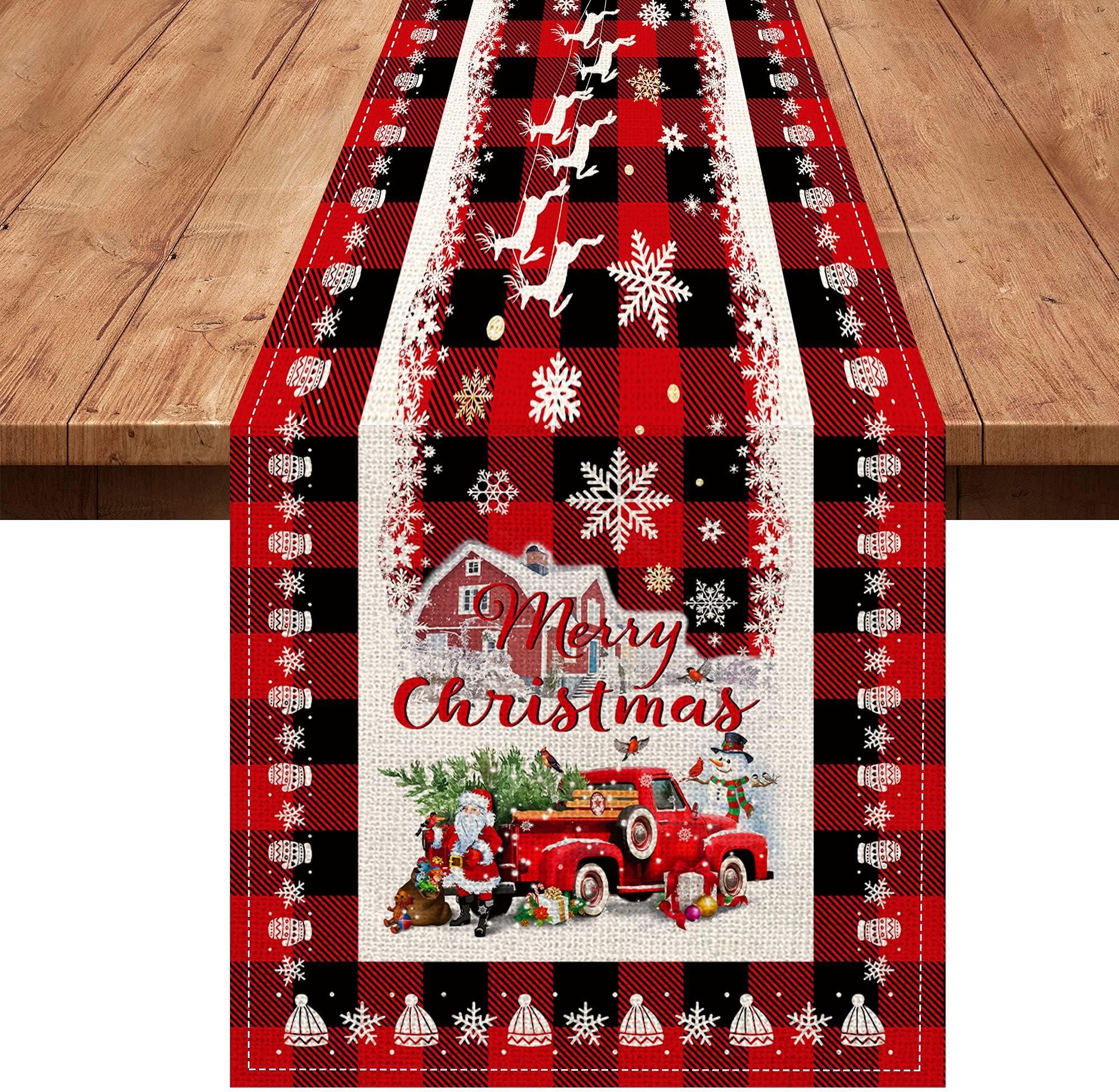 Christmas Table Runner Winter 72 Inches Long Burlap Linen Holiday Xmas Theme Red Truck Buffalo Plaid Snowflake Snowman Farmhouse Rustic Coffee Dining Party Outdoor Santa Tree Christmas Table Runners