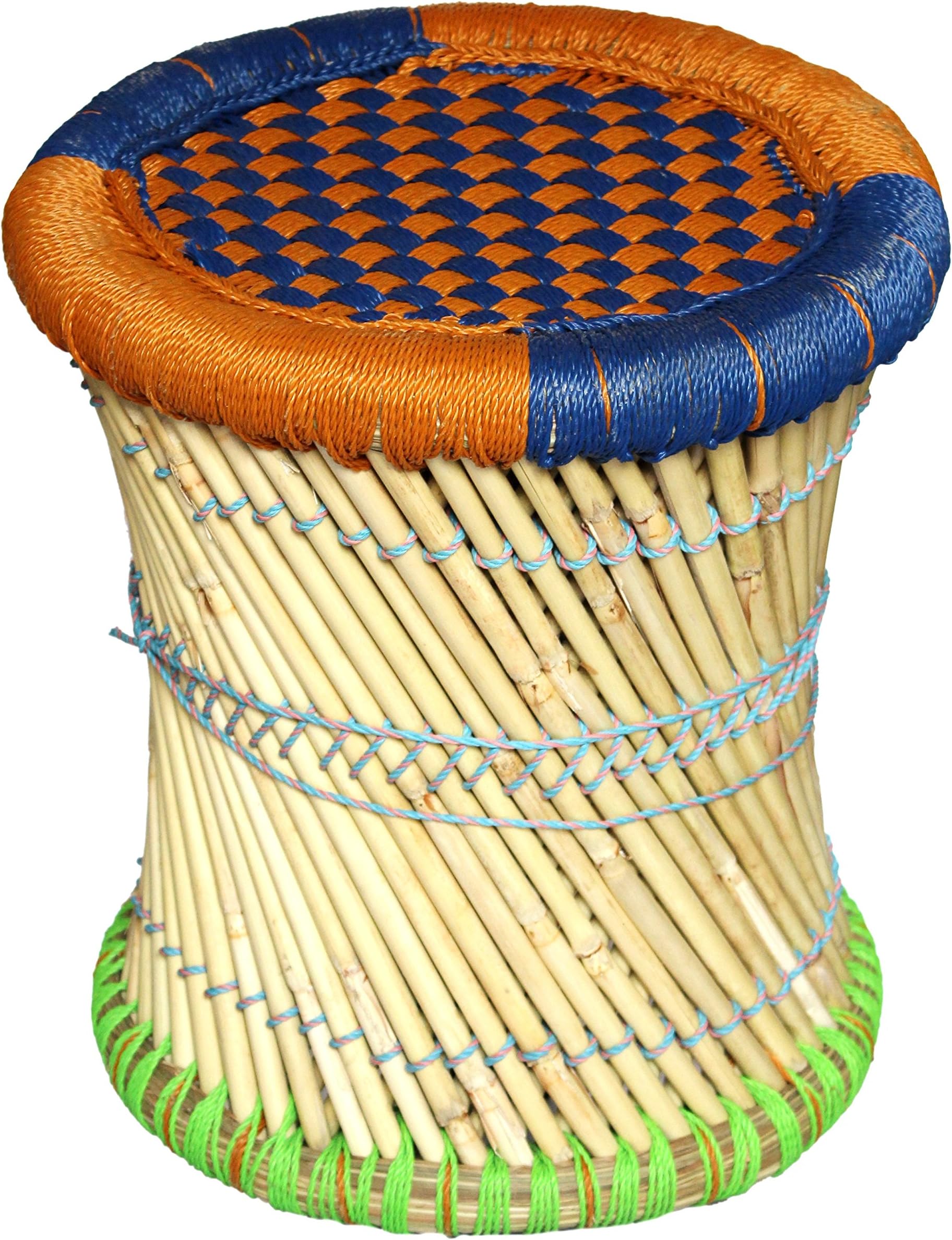 HeeMo Eco-Friendly Cane Wood Bamboo Sitting Stool, Mudda for Indoor/Outdoor (Blue Orange: Set of 1)