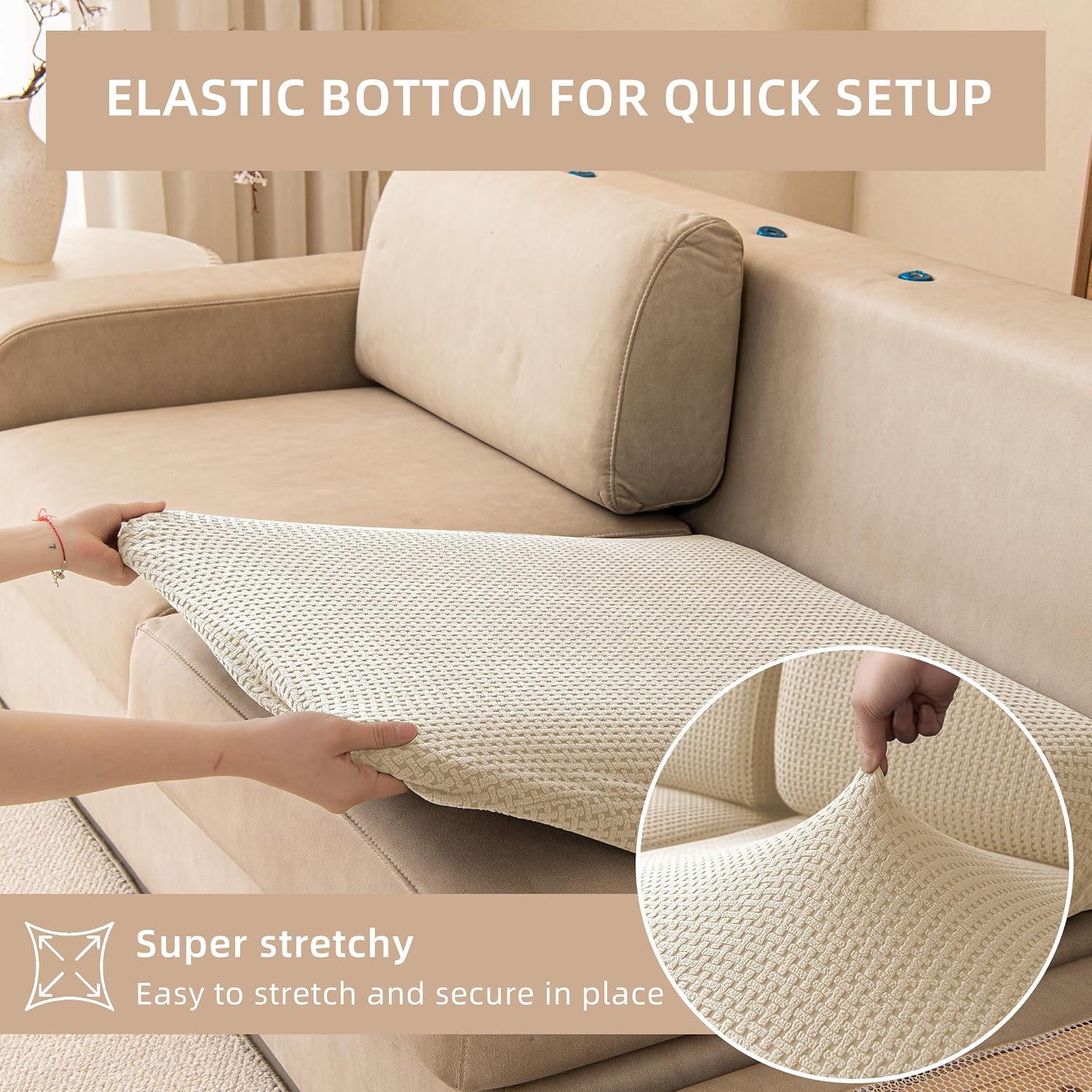 Stretch Sectional Couch Covers, Wear Resistant L Shaped Sofa Slipcovers Washable Soft Protector Anti Slip Cover with Chaise Lounge (2PC*Seat Cushion Cover + 1PC*Chaise Cover, Grid Beige)