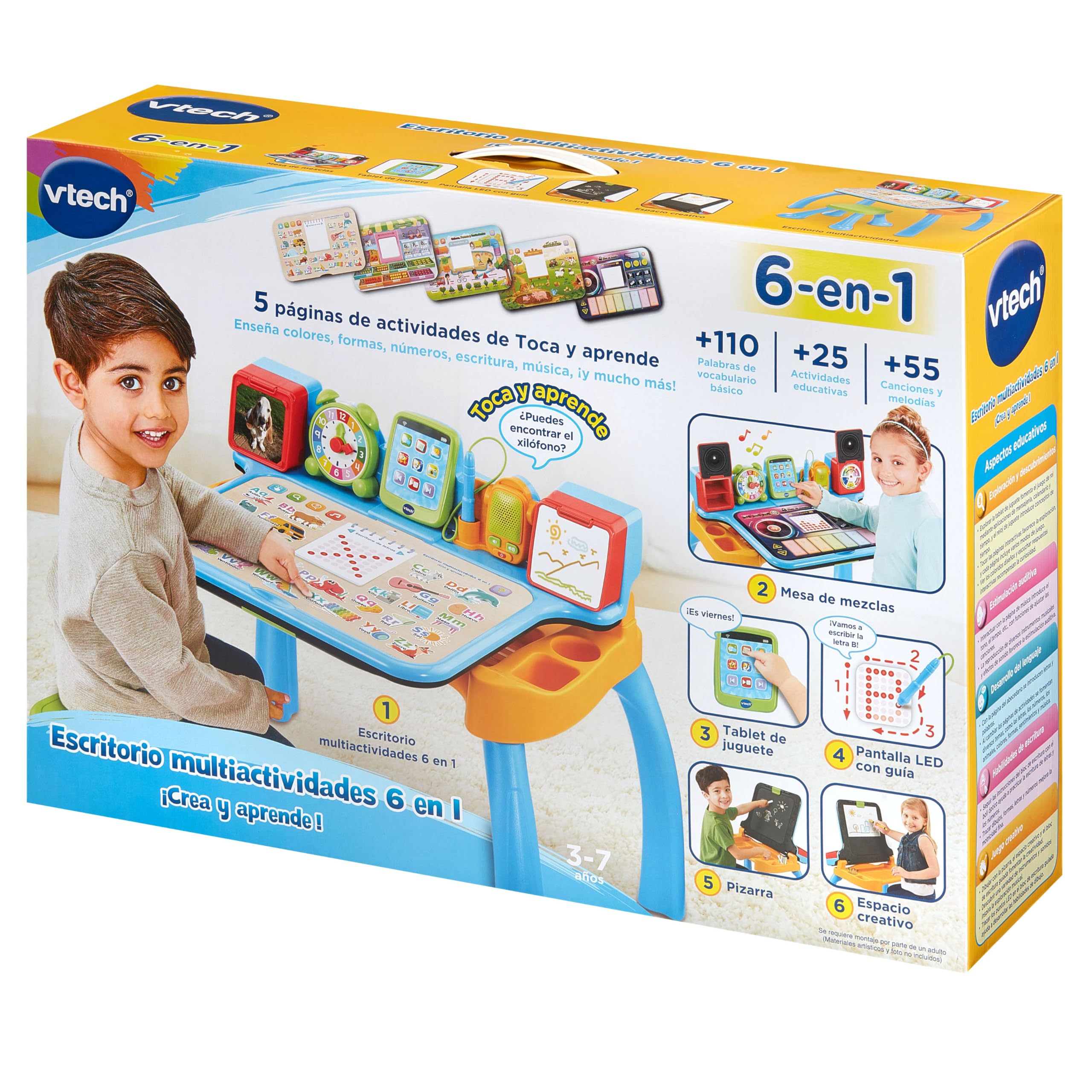 VTech - Escritorio Multiactividades 6 en 1 ¡CREA y Aprende! Centro Educativo Interactivo, Juguete Niños +3 Años, Pizarra, Música, Bloc de Notas, Tablet y Taburete, Letras, Números, Versión ESP