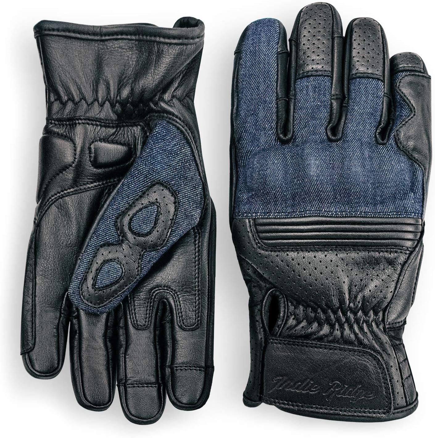 Indie Ridge Denim & Leather Motorcycle Gloves (Black) with Mobile Phone Touchscreen (X-Large)