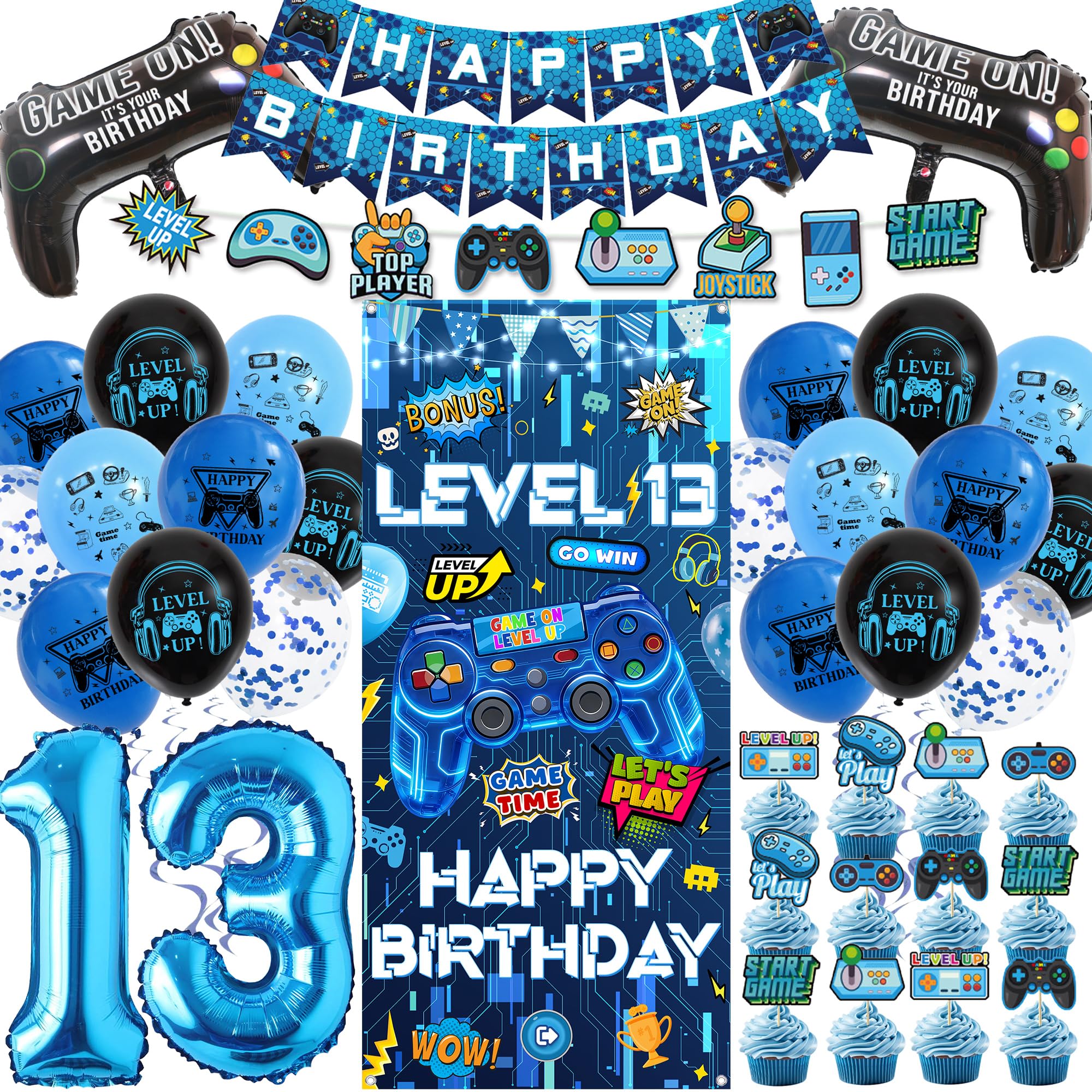 Blue Gaming 13th Birthday Decorations, Video Game Door Banners Set