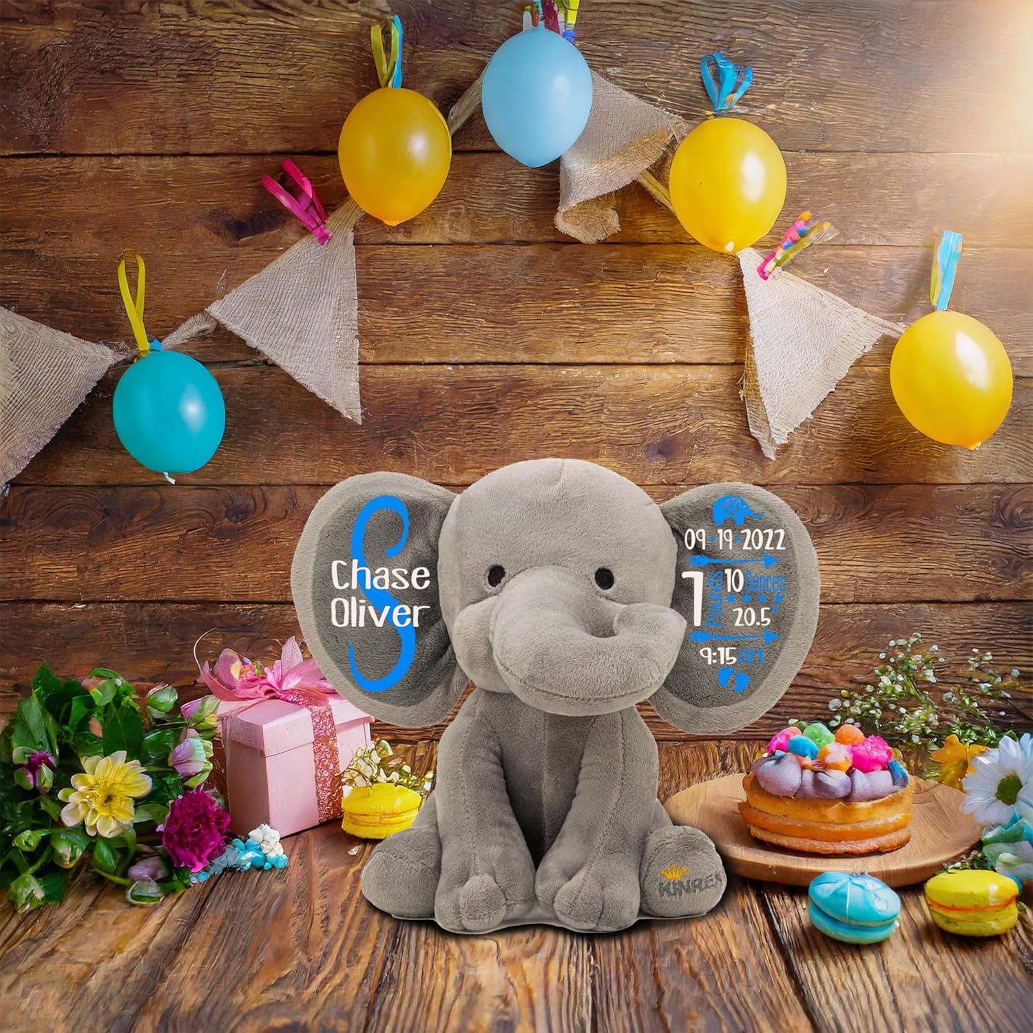 Personalized Elephant Stuffed Animal - Custom Birth Stats Announcement Stuff Elephants Animals for Babies, Baby Shower, Boy, Girl, Newborn, Customized Keepsake Plush Bear Gifts, Gray 9 Inches
