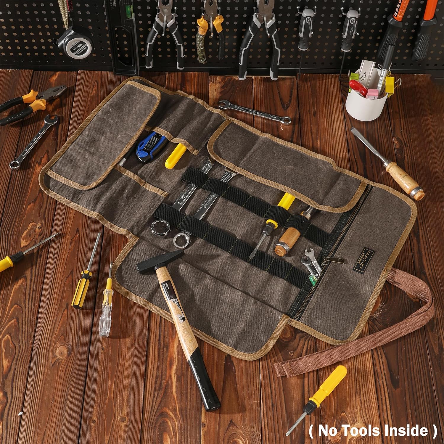 Tool Roll Pouch, Heavy Duty 16OZ Waxed Canvas Tool Bag Roll, Hand Tools Pouch with 1 Zipper Pocket + Elastic Band, Sturdy Tool Storage Roll Bag for Horticulturist Mechanic Handyman - Grey - 24" x 12"