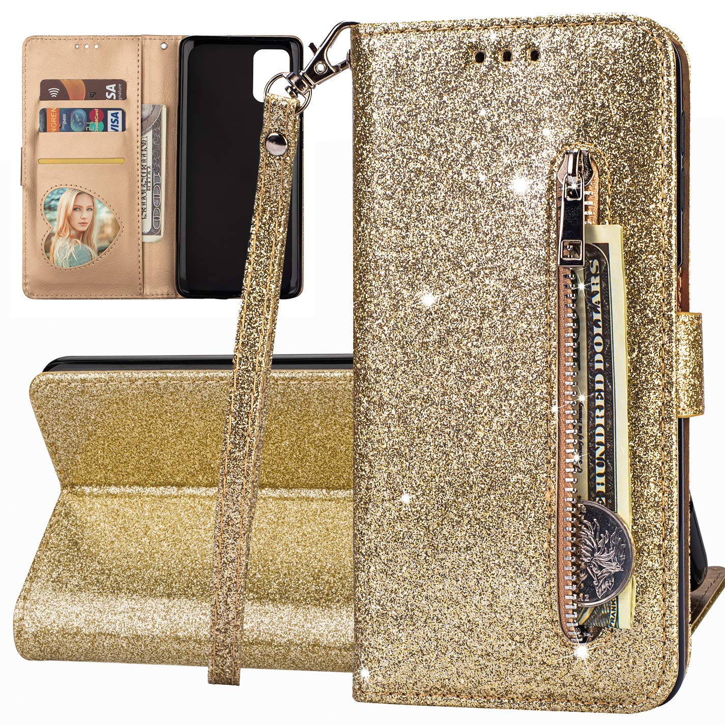 CCSmall for Samsung Galaxy A71 5G Case Wallet for Women Girly, Glitter Sparkly Bling Leather Strap Case Zipper Pocket with ID Slot Card Holder &