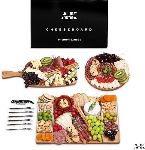 Juego de 12 tablas de queso de bambú ecológicas  3 tablas grandes de madera para charcutería, 2 bandejas de cerámica, tenedores y abridor de vino