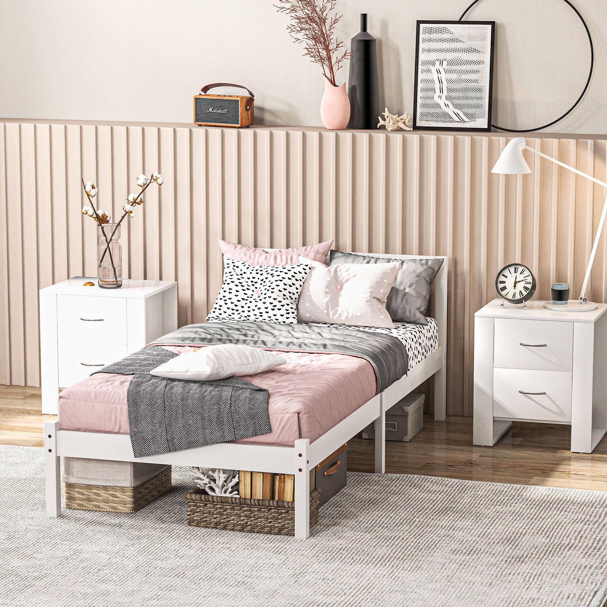 HOMCOM Marco de Cama de Madera Somier con Cabecera 198x96x70 cm Blanco