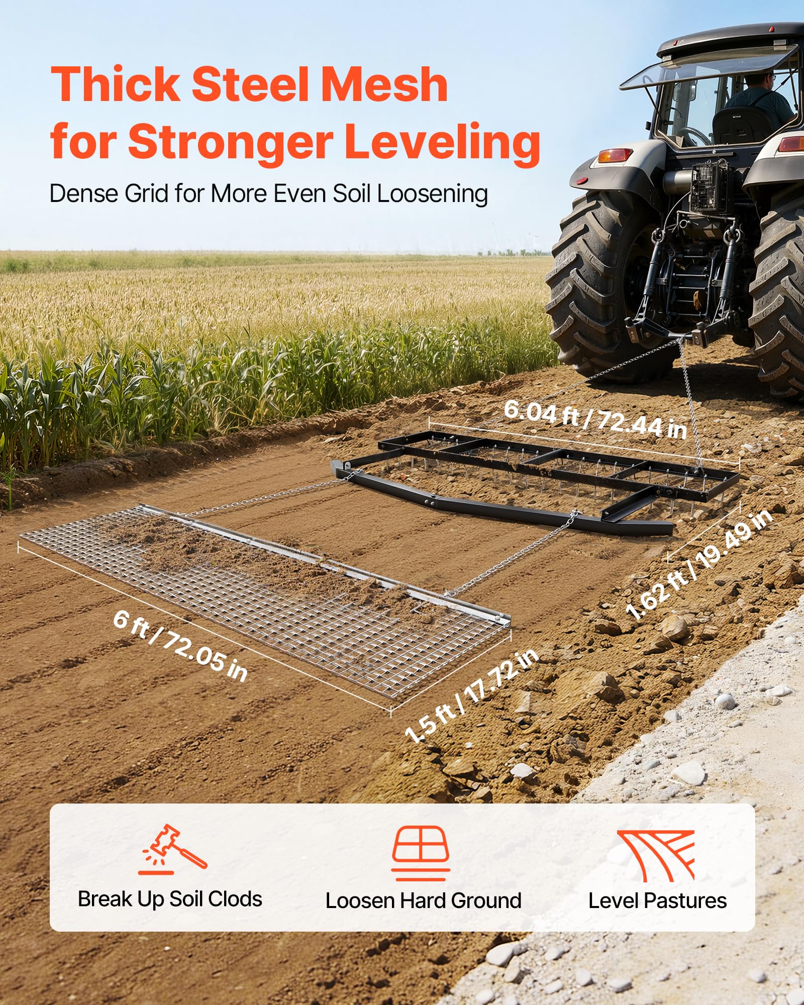 VEVOR Niveladora de Camino de Entrada Remolcable 1,8 m con Rastra de Cadena, Rastrillo Nivelador de Césped Resistente, Compatible con ATV, UTV, Tractores, para Caminos de Grava, Nivelación de Campos