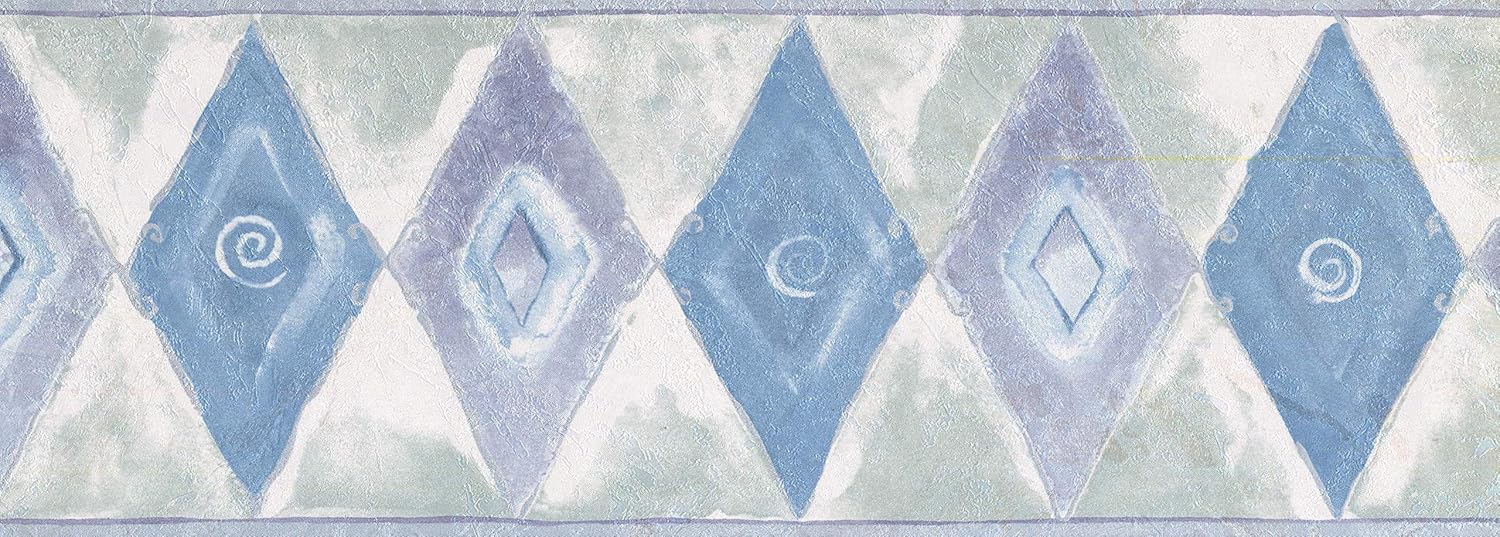 Wallpaper Border - Blue Purple Rhombus Abstract Green Wall Border Retro Design, Prepasted Roll 15 ft. x 7 in.