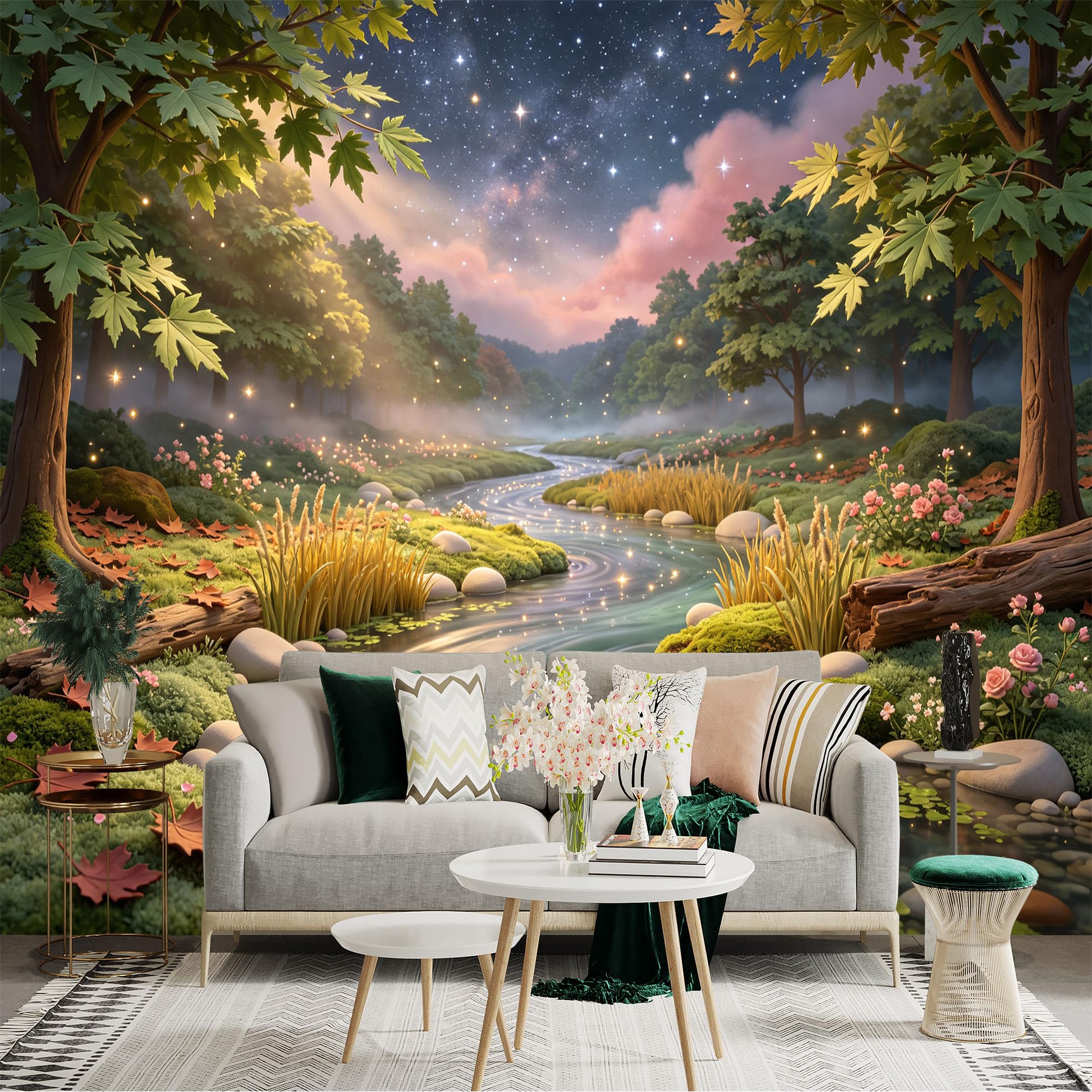 Lnzczhyre Bh260719810 Custom Size Wall Sticker Mural， Enchanted Forest Stream， Glowing Fireflies， Magical Night Sky， Serene Landscape， For Wall Decoration， Peelandstick Wall Decals.