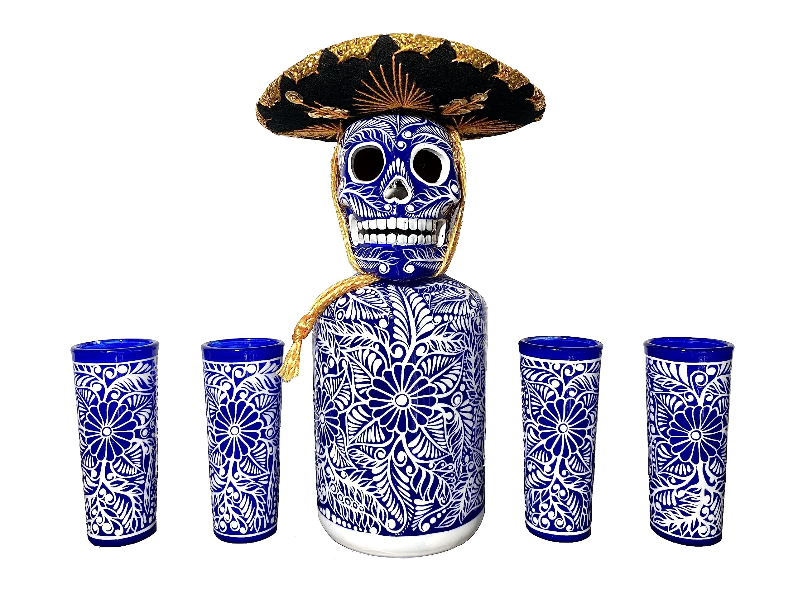 Tequila Decanter Set, Liquor Decanter with Shot Glasses and Mexican Sombrero, Hand-painted Decanter, Skull Decanter, Bar Decoration, Unique Tequila Gift, Gift For Dad (Blue Decanter Set)