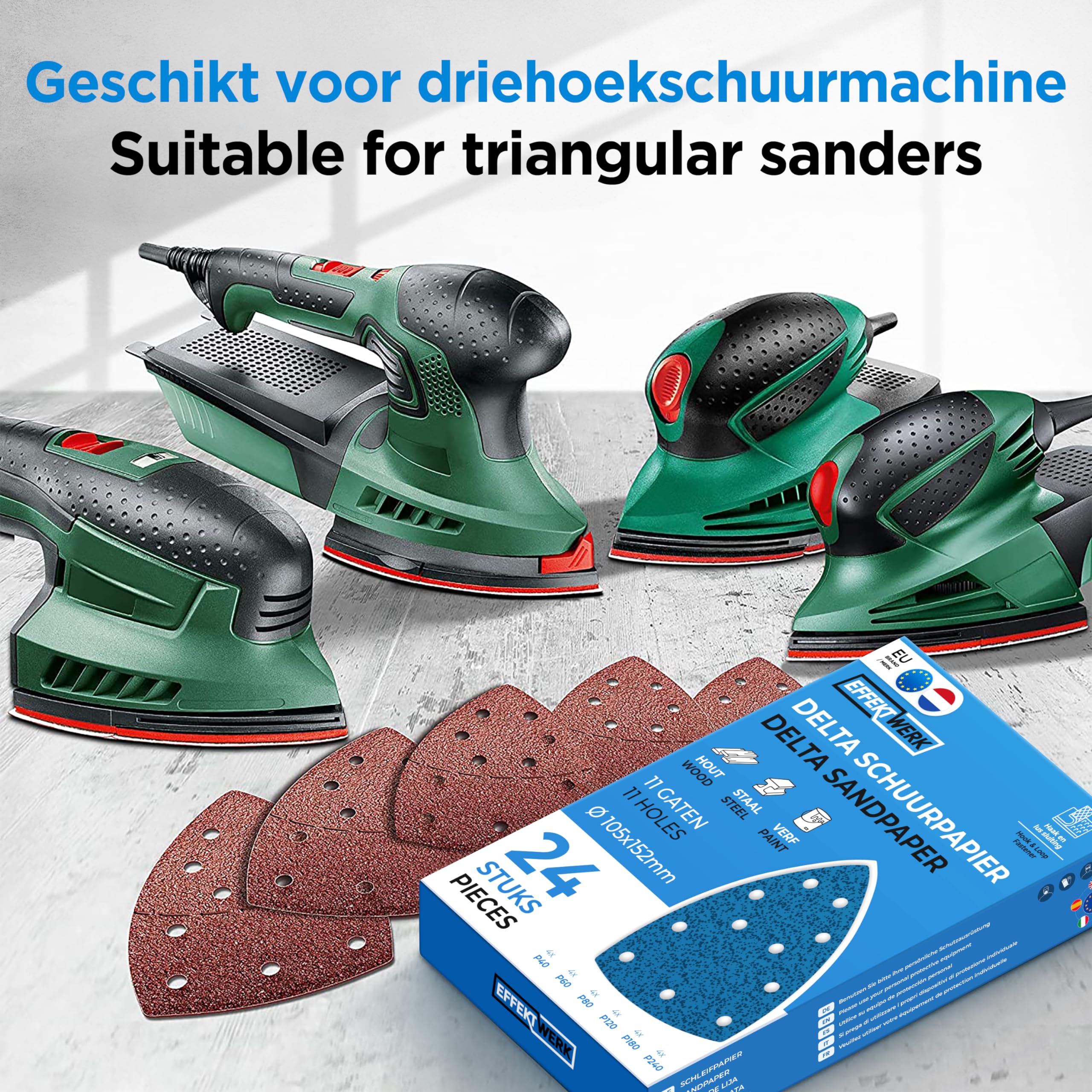 180 vellen klittenband prio-schuurpapier, 105 x 152 mm, mix pakket met 11 gaten, 30 x korrel 40/60/80/120/180/240, schuurdriehoek, slijpschijvenset