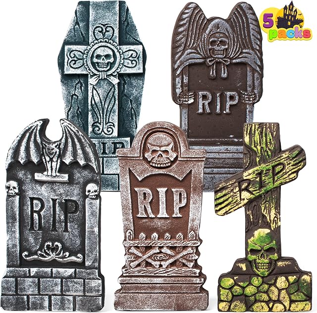 JOYIN 17/43cm Halloween Foam RIP Graveyard Tombstones (5 Pack), Headstone Decorations and 12 Bonus Metal Stakes for Halloween Yard Decorations