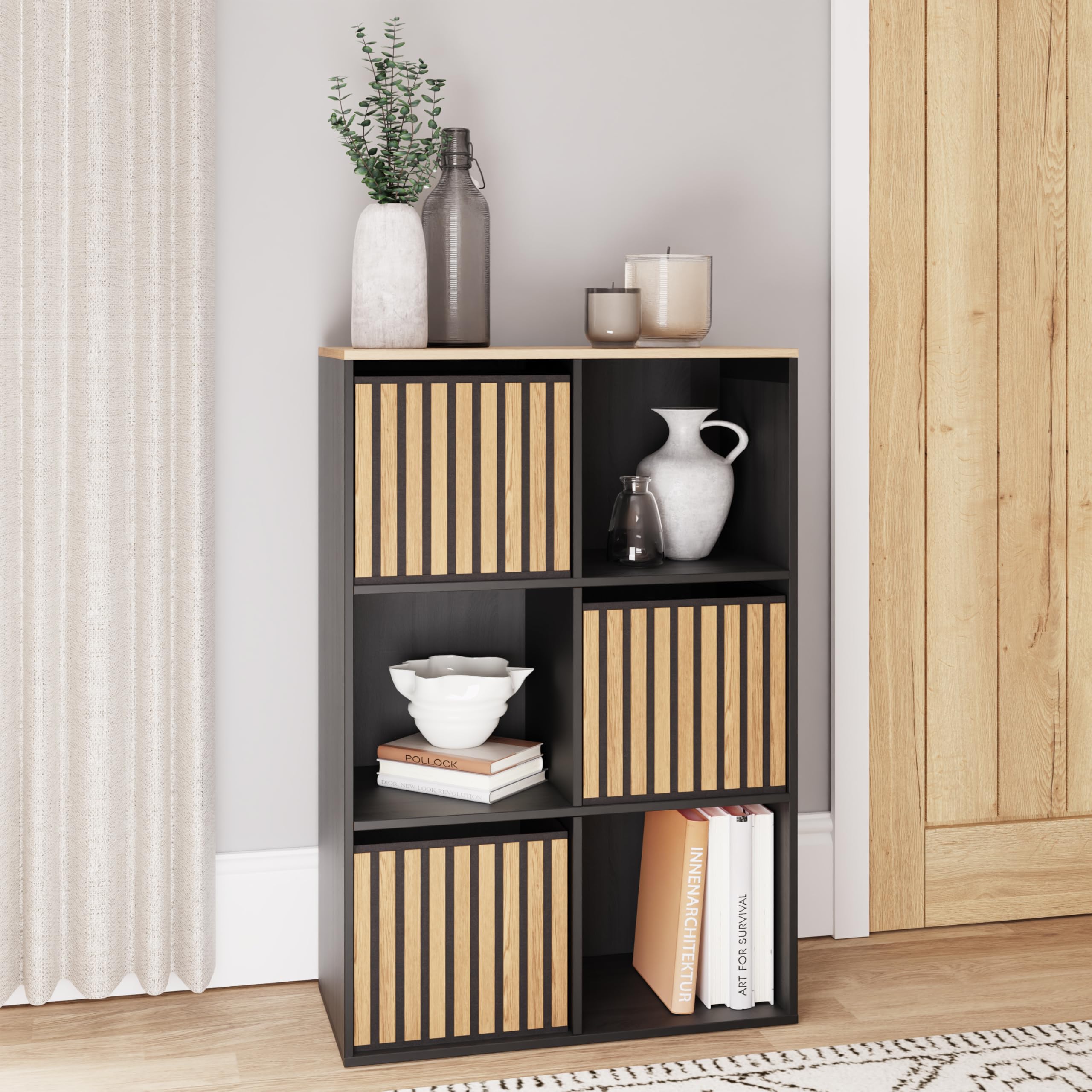 Gfw Kube Black And Oak 3 Shelf 3 Drawer Storage Unit With Baskets